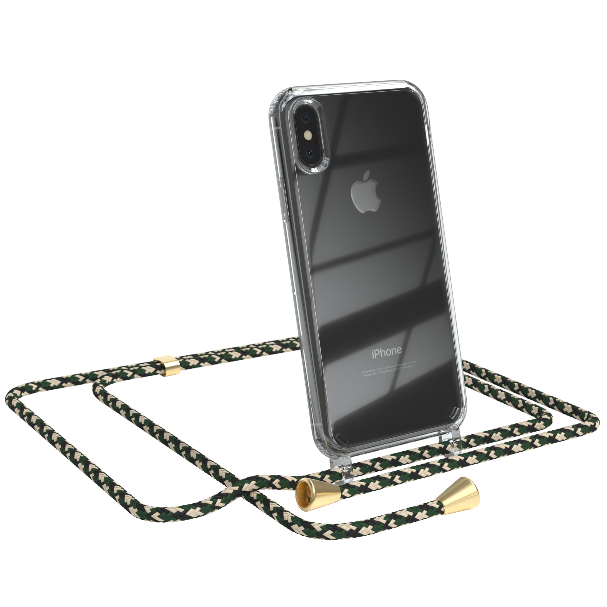 Ein Apple iPhone in einer transparenten Hülle mit einem gemusterten Kabel. Das Kabel hat goldfarbene Akzente.