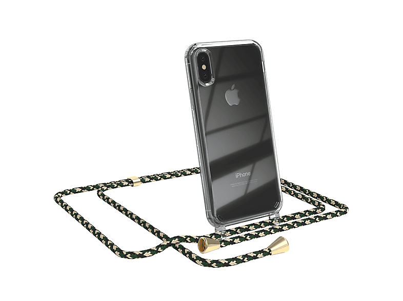 EAZY CASE Clear Cover mit Umhängeband, Umhängetasche, Apple, iPhone X / XS, Grün Camouflage / Clips Gold
