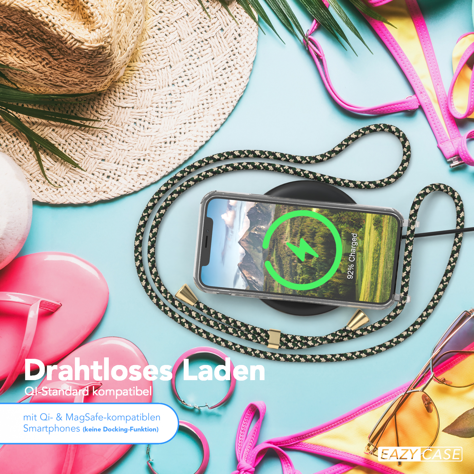 Strandszene: Telefon lädt, Flip-Flops, Strohhut, Sonnenbrille und Bikini. Text: 'Kabelloses Laden'.