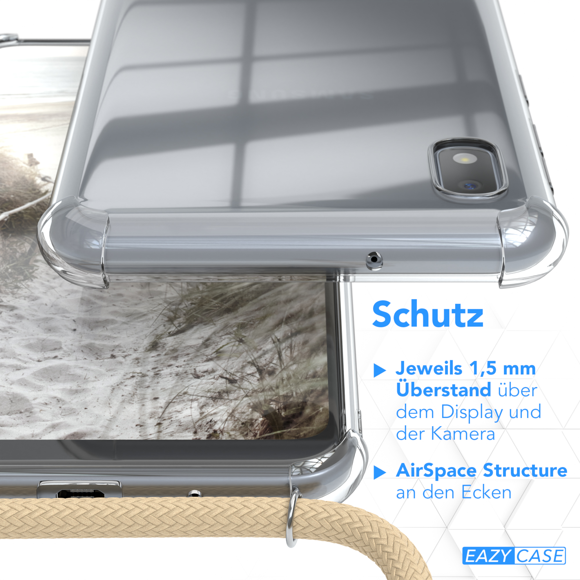 Transparente Handyhülle mit Text, mit Sandstrandhintergrund.