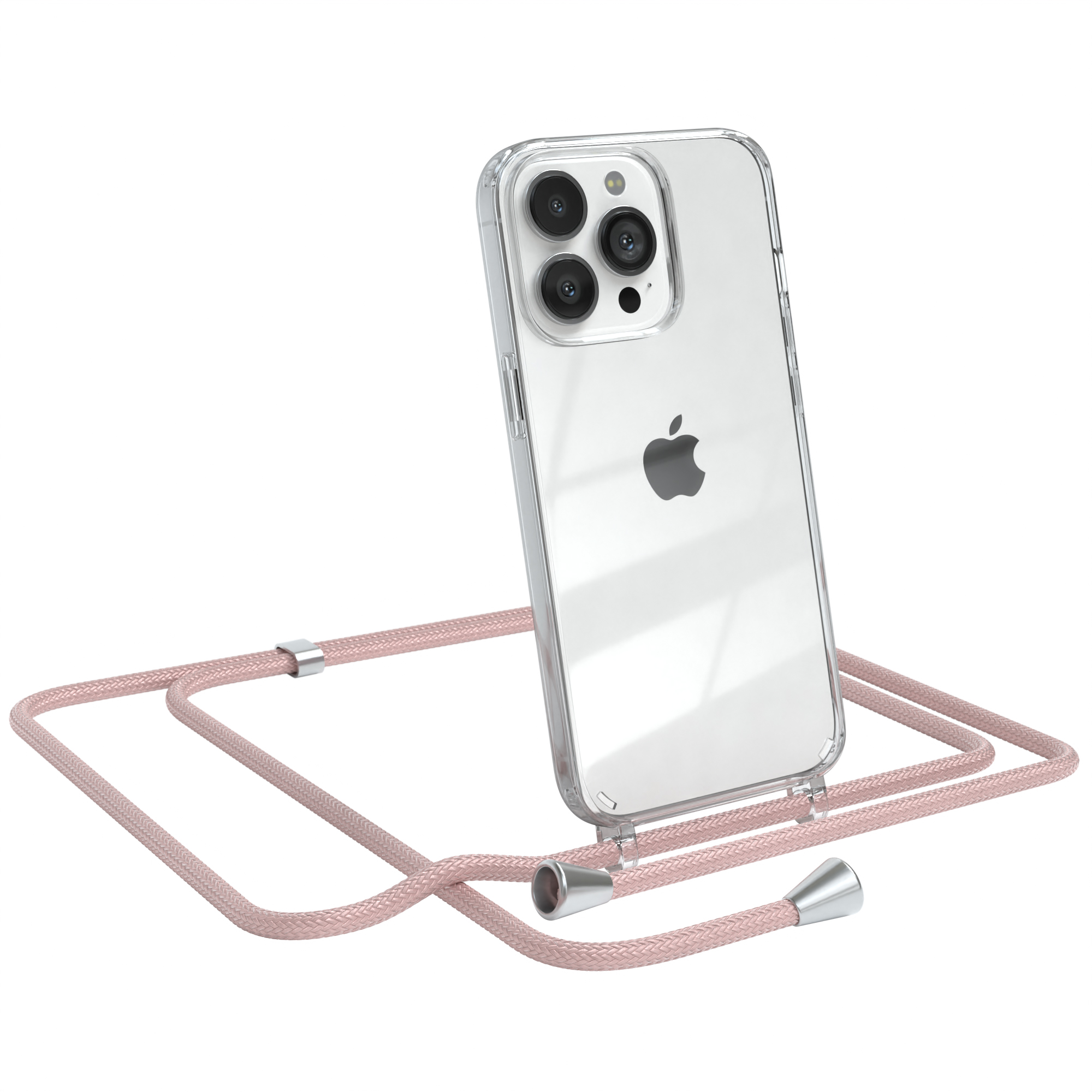 Transparente Handyhülle mit rosa Schlüsselband. Das Telefon ist angewinkelt, die Hülle ist transparent. Ein Apple-Telefon.