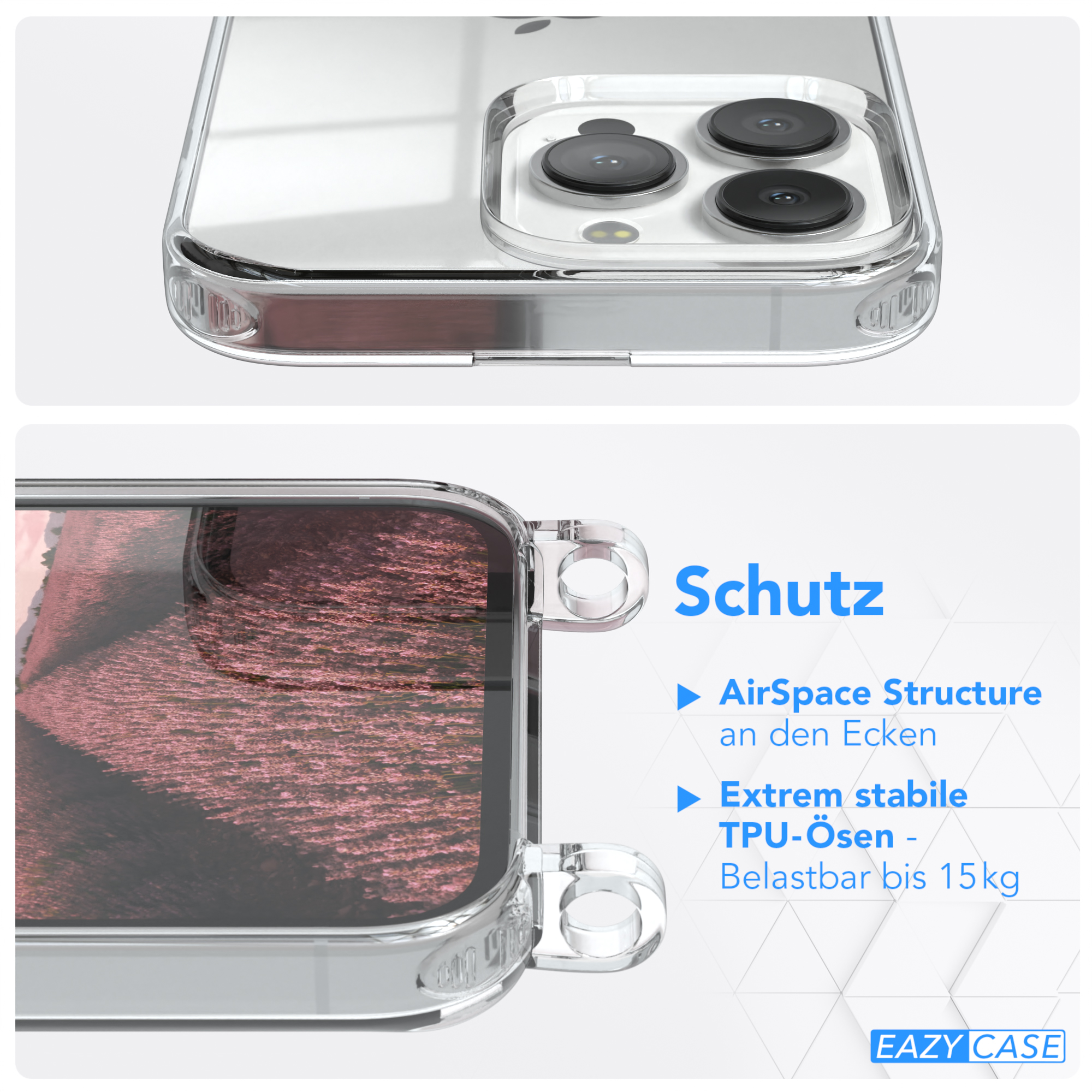 EAZY CASE Clear Cover Umhängetasche, Rosé 13 Umhängeband, mit Pro, Silber Apple, iPhone / Clips