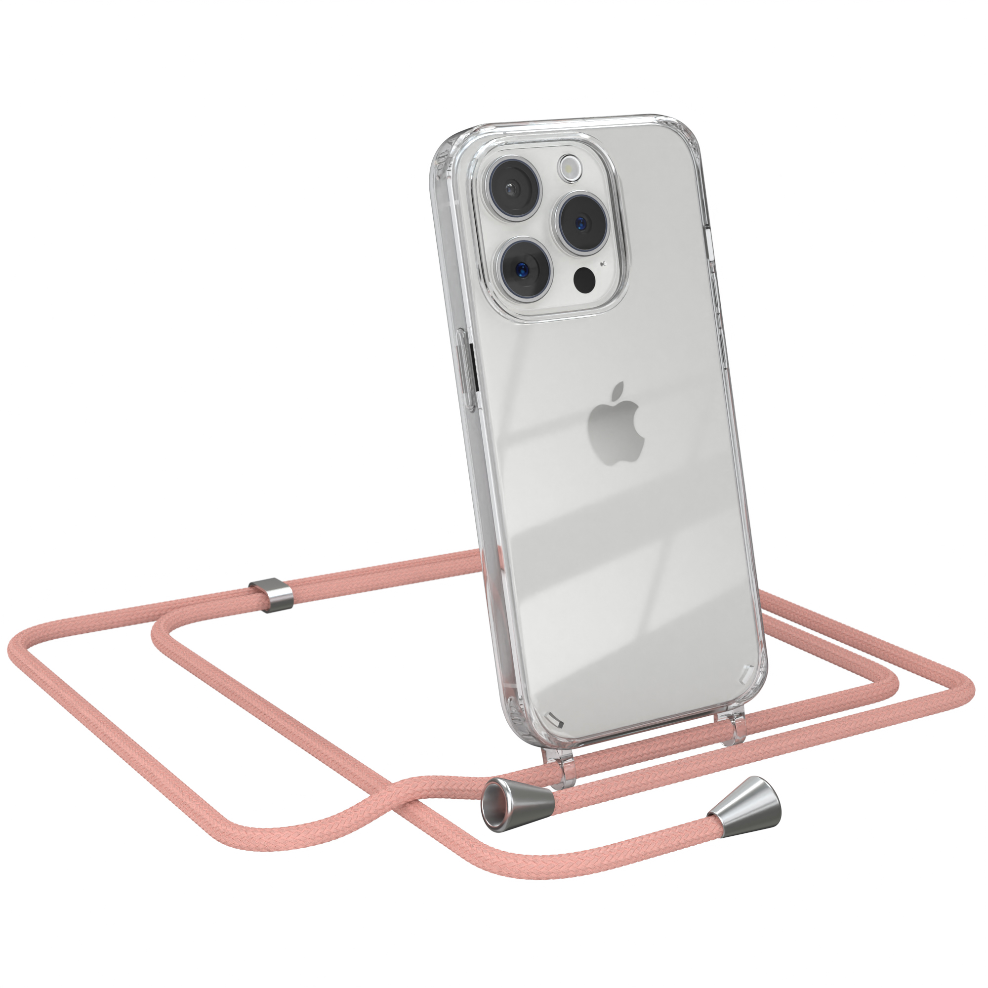 Transparente Handyhülle mit rosa Band. Apple-Telefon sichtbar. Weißer Hintergrund.