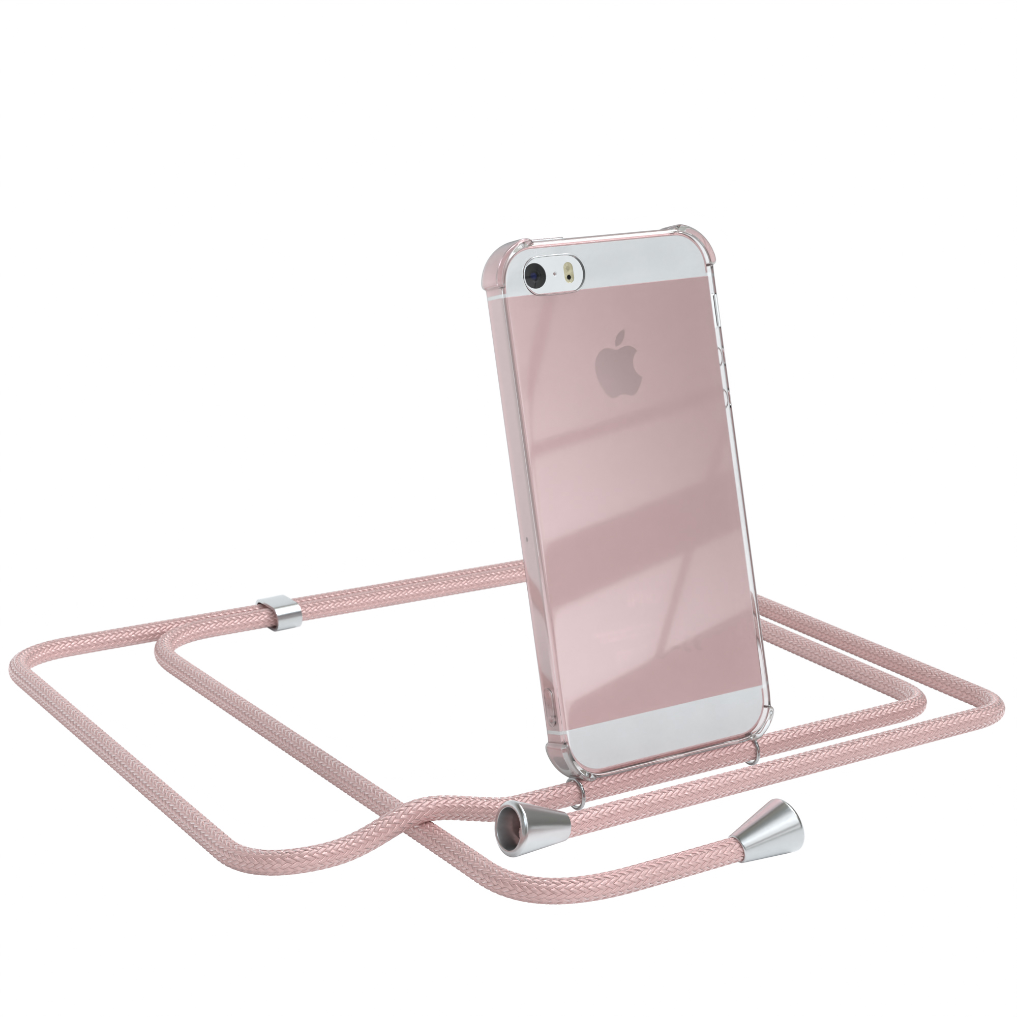 Pinkes Telefon in transparenter Hülle mit pinkfarbenem Lanyard. Apple-Logo sichtbar. Das Telefon befindet sich in einer transparenten Hülle.