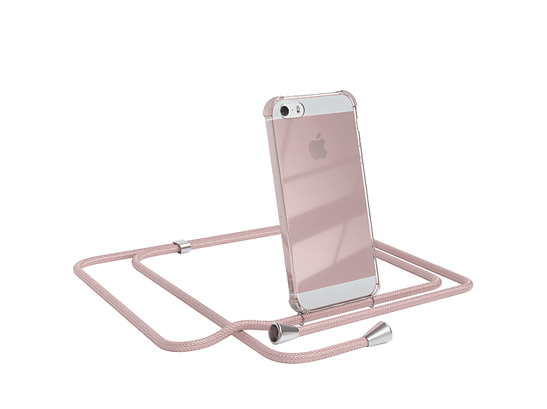 EAZY CASE Clear Cover mit Umhängeband, Umhängetasche, Apple, iPhone SE 2016, iPhone 5 / 5S, Rosé / Clips Silber