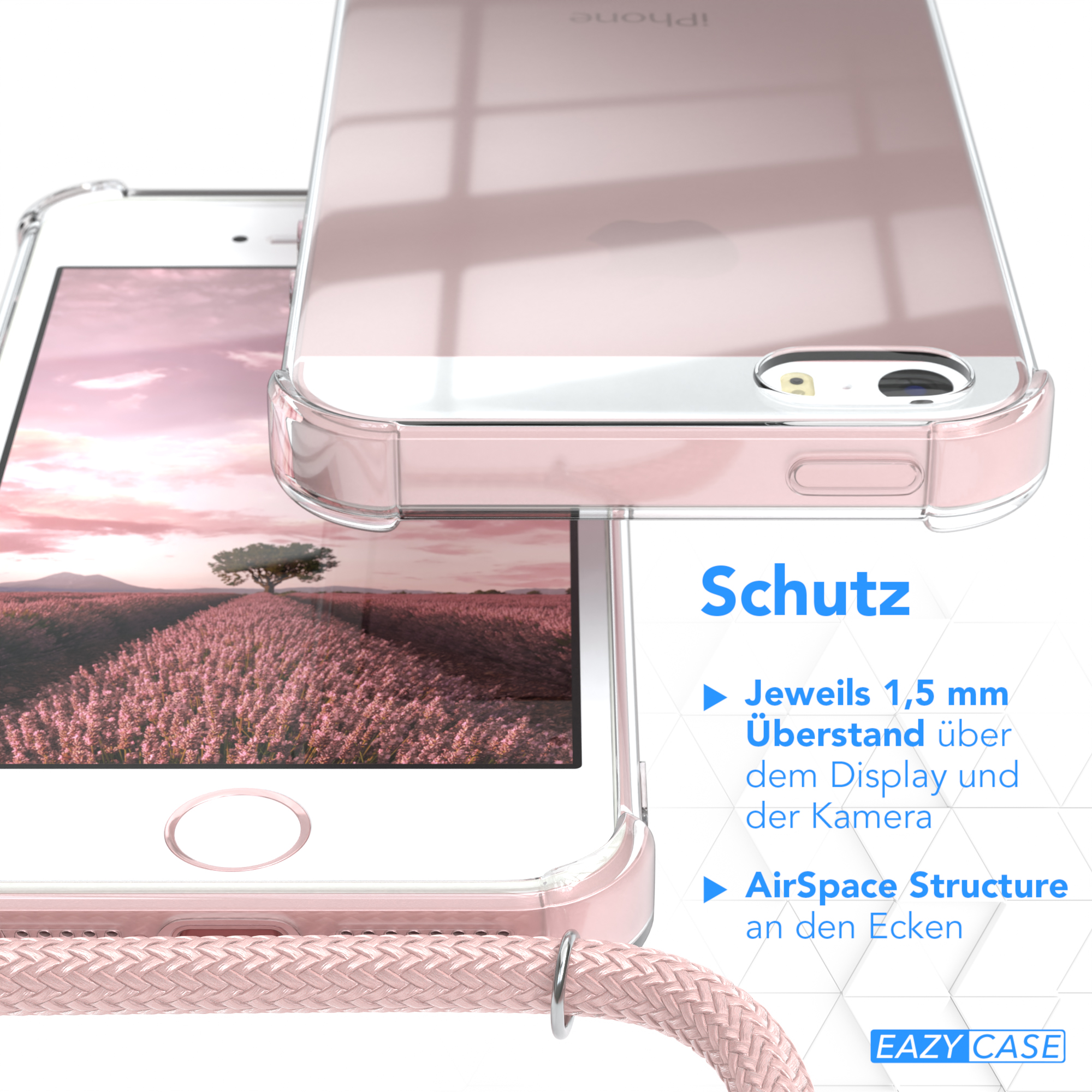 Transparente Handyhülle auf einem Telefon mit Schutz-Text und pinkfarbenem Lanyard.