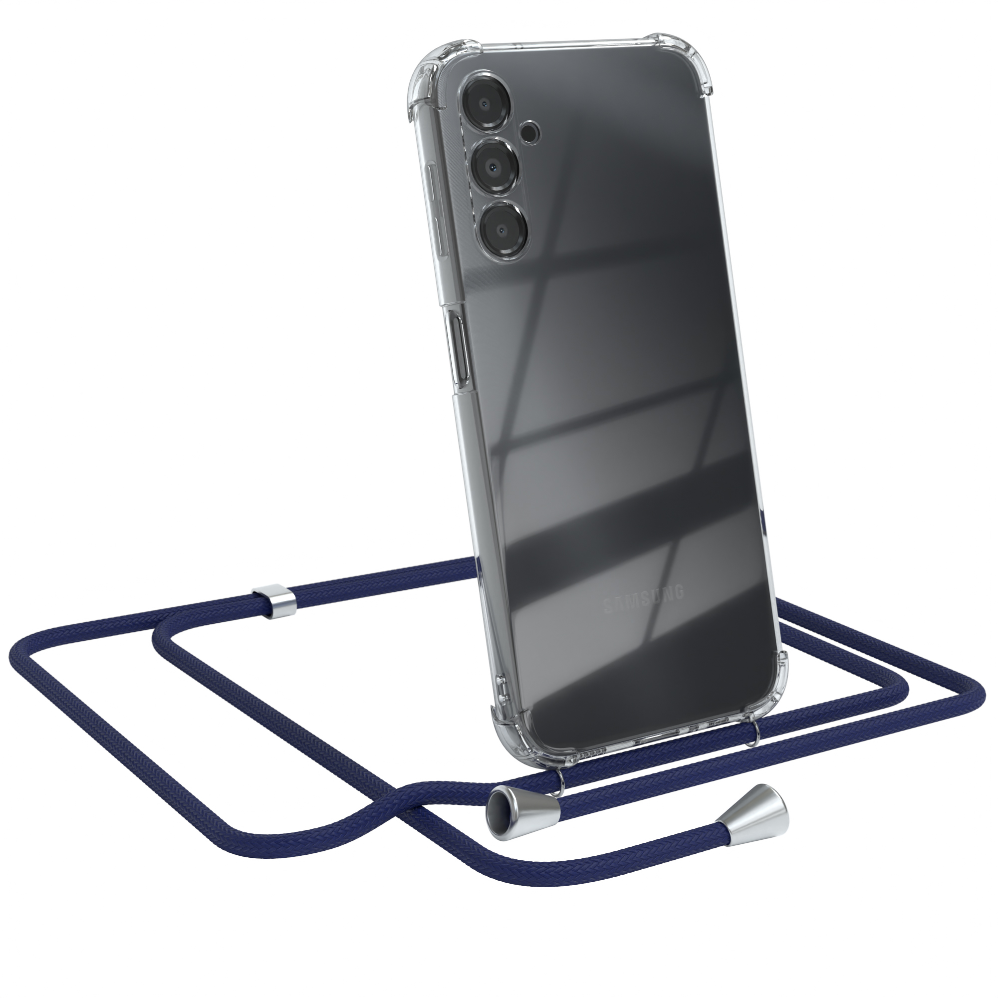 Ein Samsung-Telefon in einer transparenten Hülle mit einem blauen Lanyard.