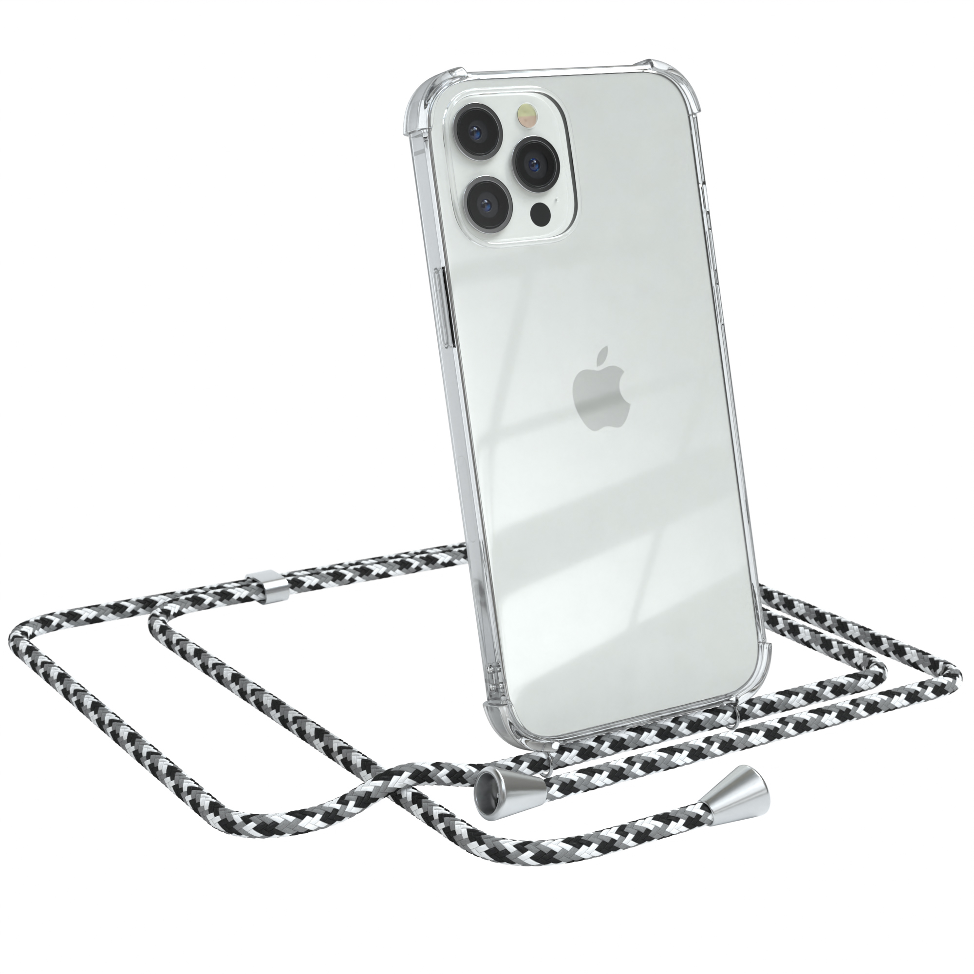 Transparente Handyhülle mit schwarz-weißem Kordel. Apple-Telefon sichtbar. Weißer Hintergrund.