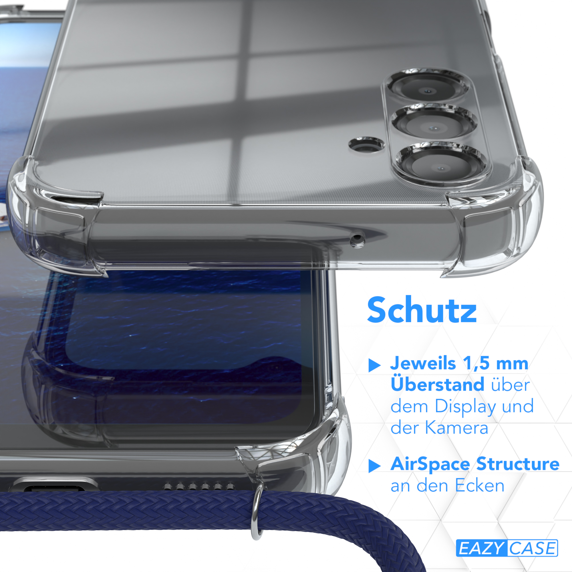 CASE Clips Silber / Umhängetasche, A14 mit Samsung, 5G, Galaxy Umhängeband, Clear Cover Blau EAZY