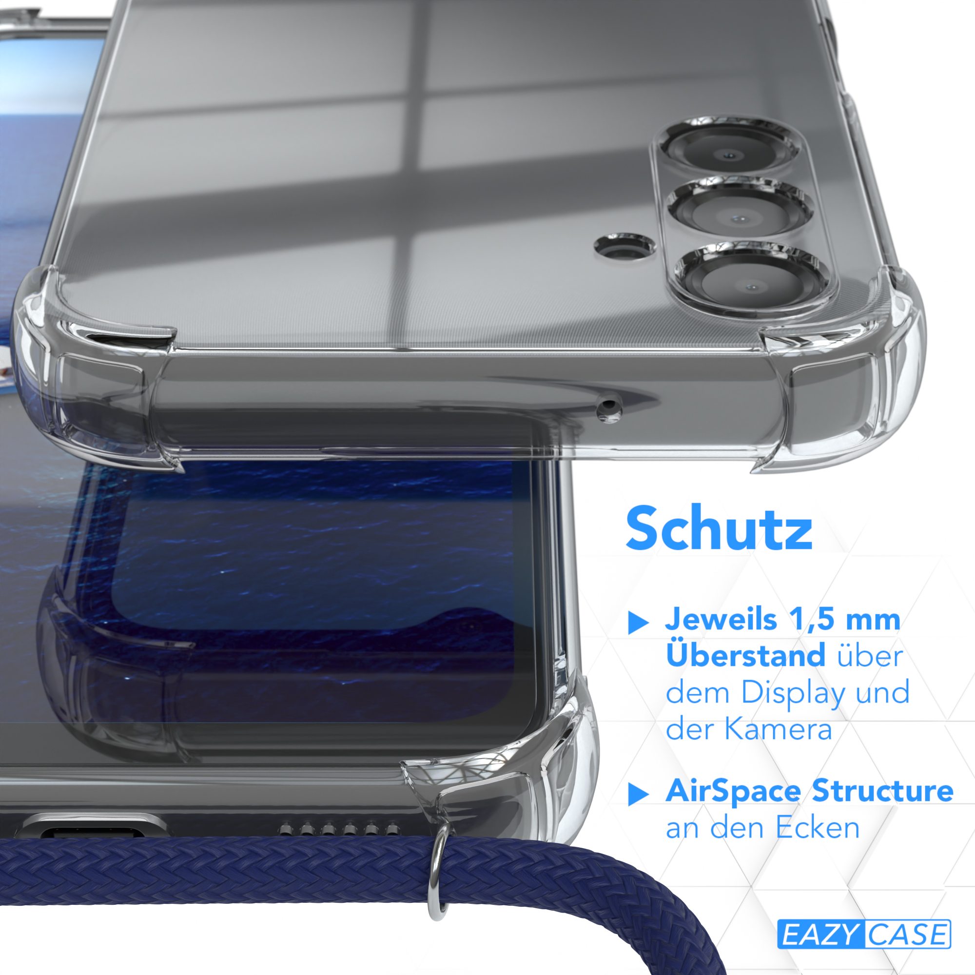 Klare Handyhülle, die ein Telefon schützt. Details zum Display- und Kameraschutz.