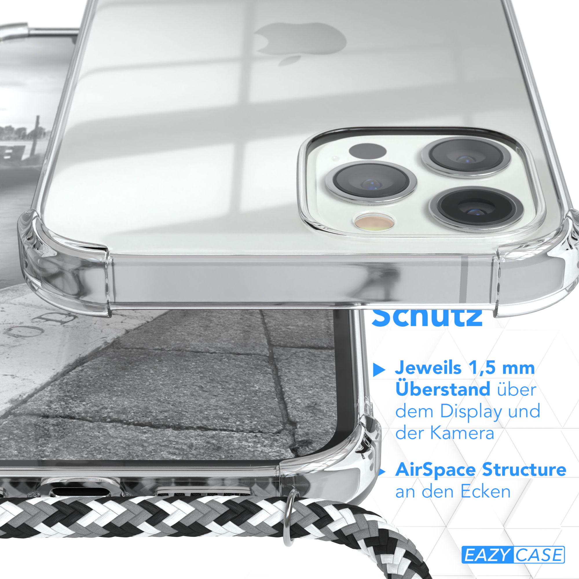 Eine klare Handyhülle über einem Telefon. Text liest Schutz und listet Funktionen auf.