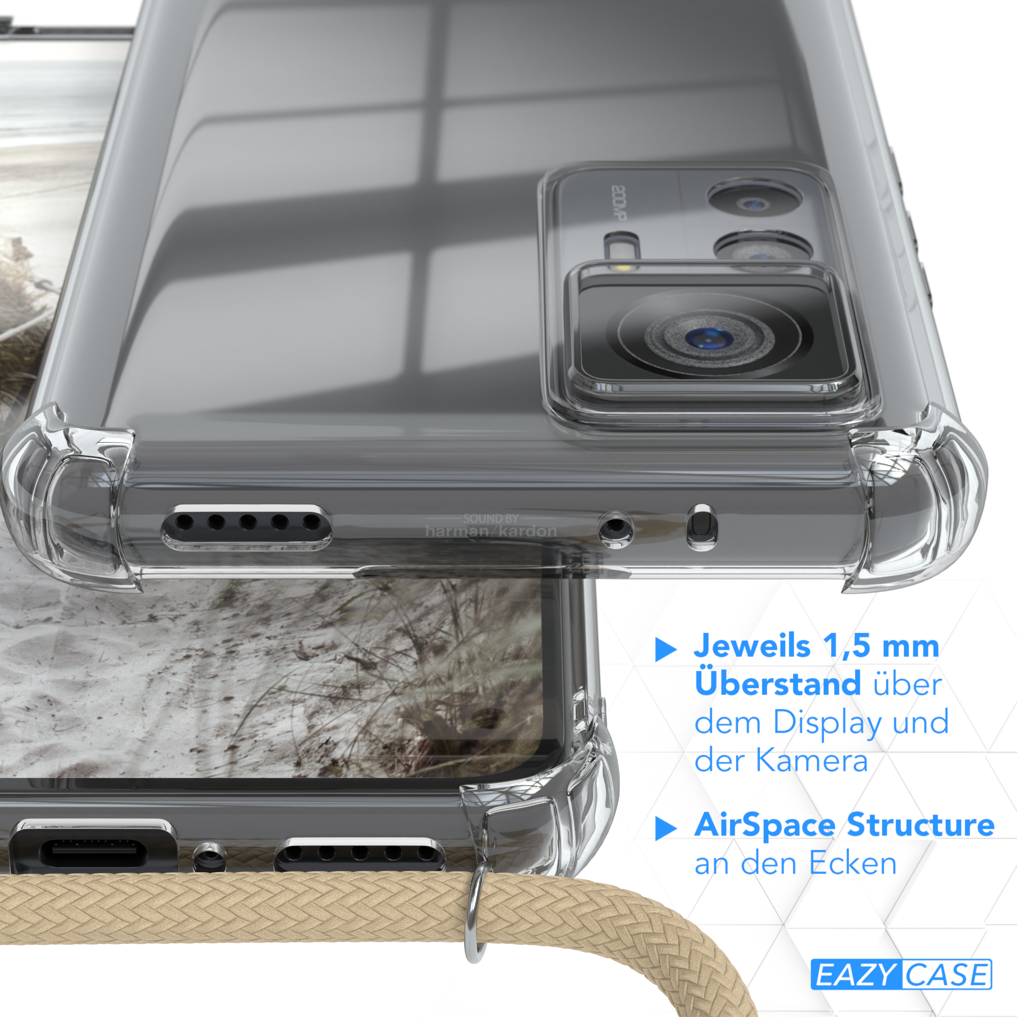 Klare Handyhülle mit erhöhten Kanten, die ein Handy mit einer Strandszene schützt.