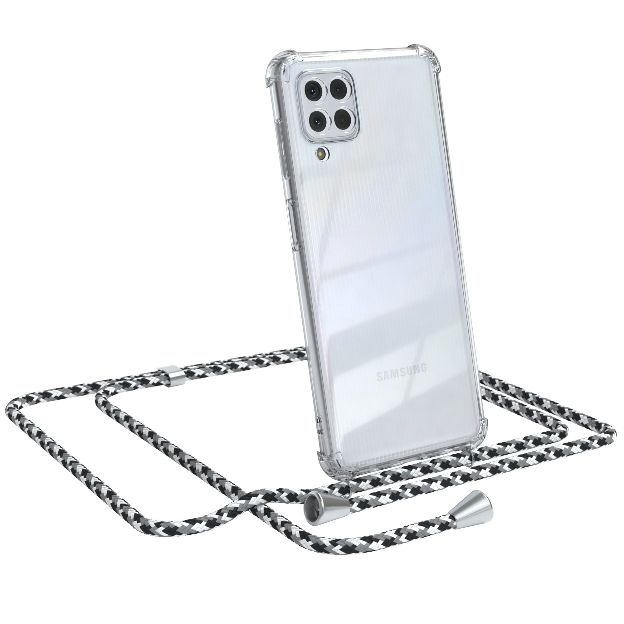 Transparente Handyhülle mit schwarz-weiß geflochtenem Schlüsselband. Ein Samsung-Telefon ist drin.