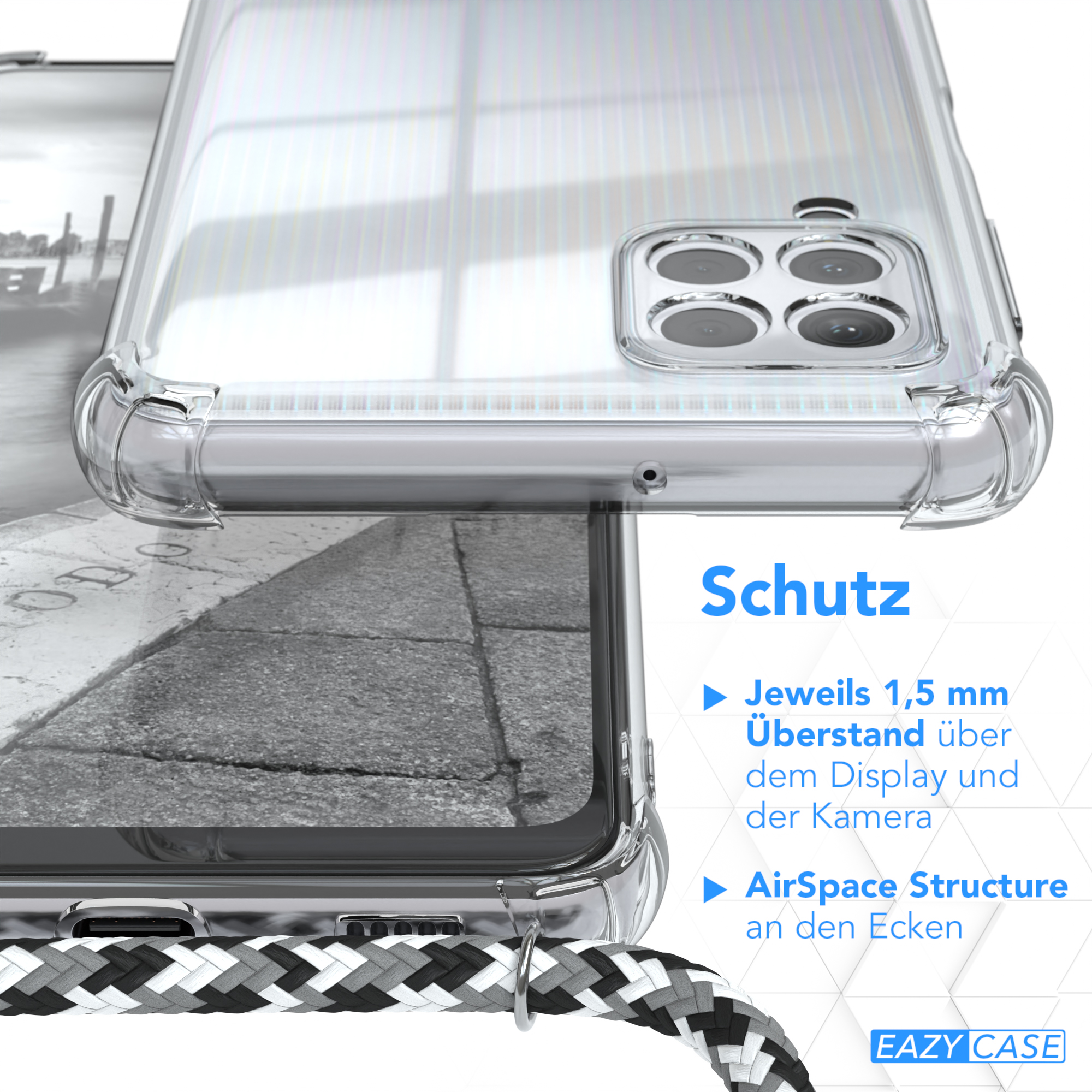 Nahaufnahme einer Handyhülle mit Text zum Schutz. Zeigt 1,5 mm über dem Display und AirSpace Structure.