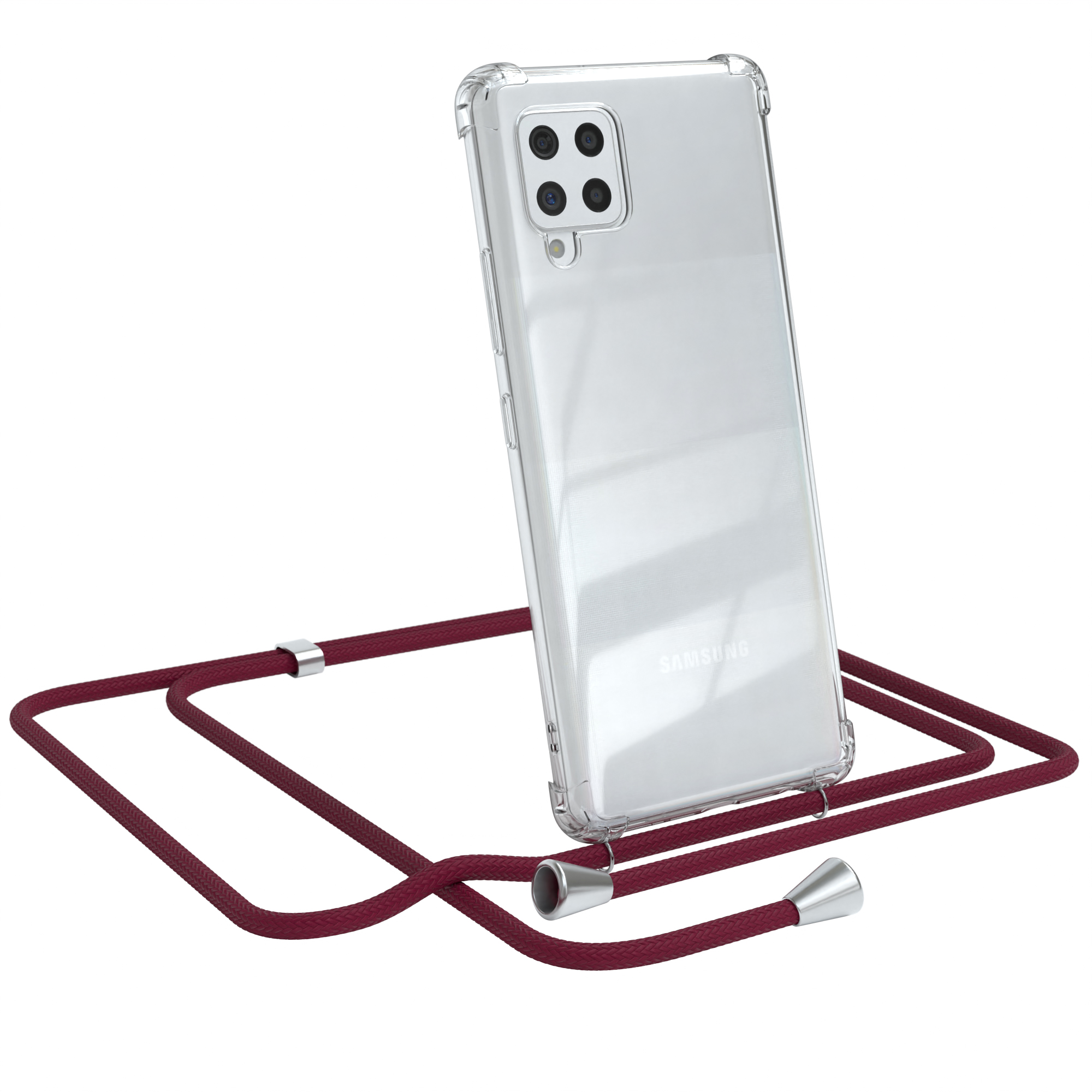 EAZY CASE Clear mit Galaxy Rot Umhängeband, Umhängetasche, 5G, Bordeaux Cover Samsung, A42 Silber / Clips
