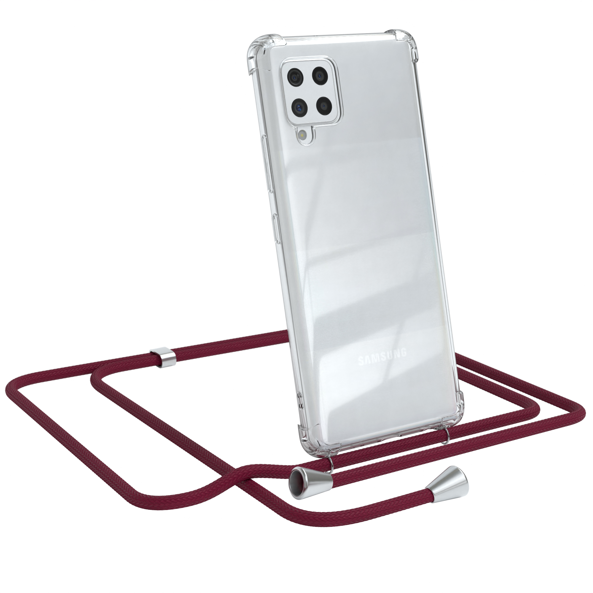 Transparente Handyhülle mit weinrotem Umhängeband. Das Telefon zeigt ein Samsung-Logo.