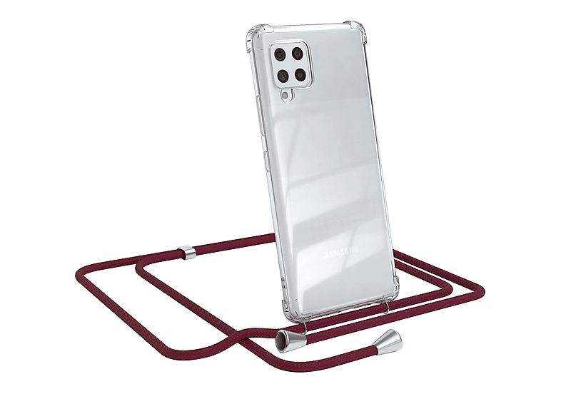 EAZY CASE Clear Cover mit Umhängeband, Umhängetasche, Samsung, Galaxy A42 5G, Bordeaux Rot / Clips Silber | Handyketten