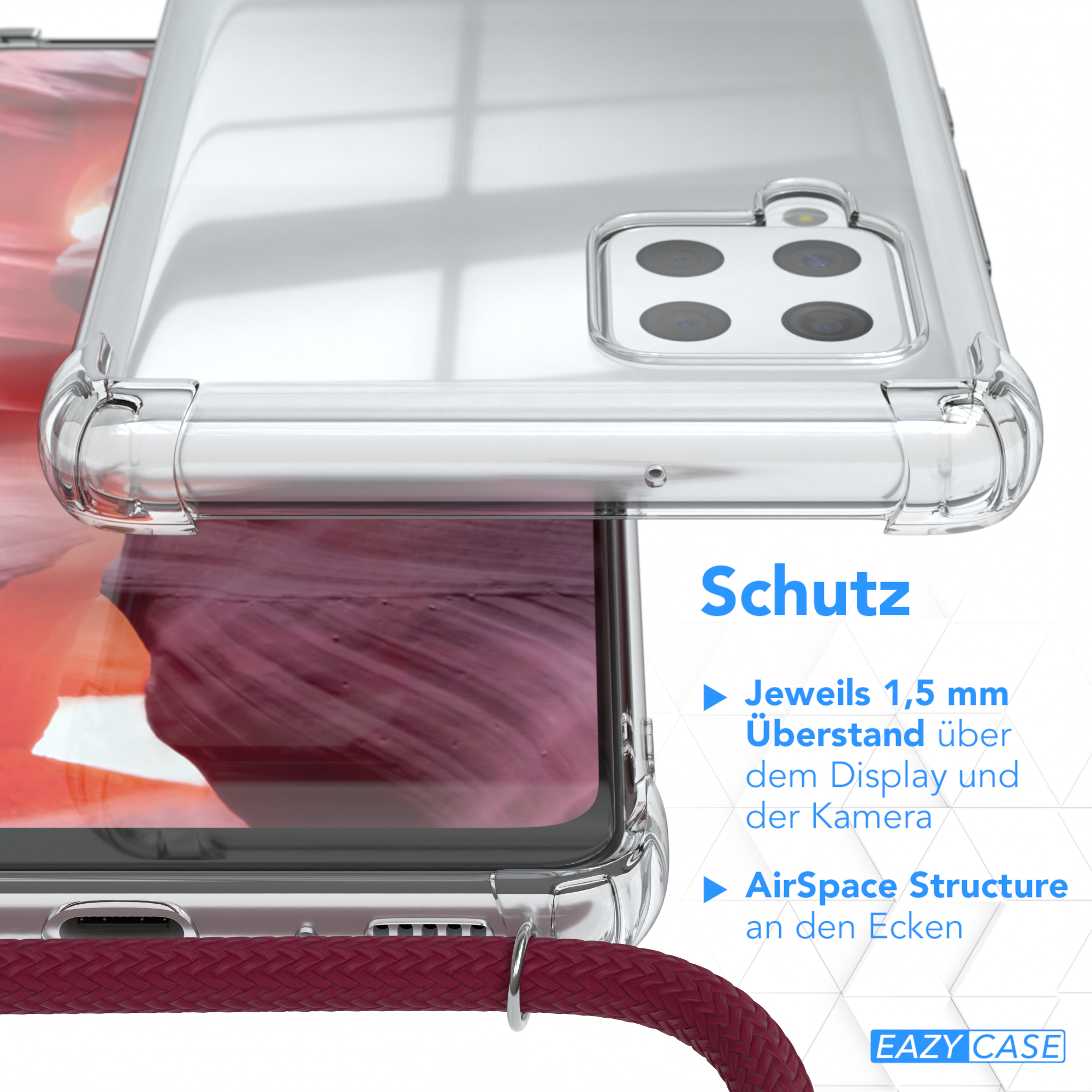 Klare Handyhülle mit roter Kordel. Text: Schutz, AirSpace Structure, 1,5mm Display und Kamera.