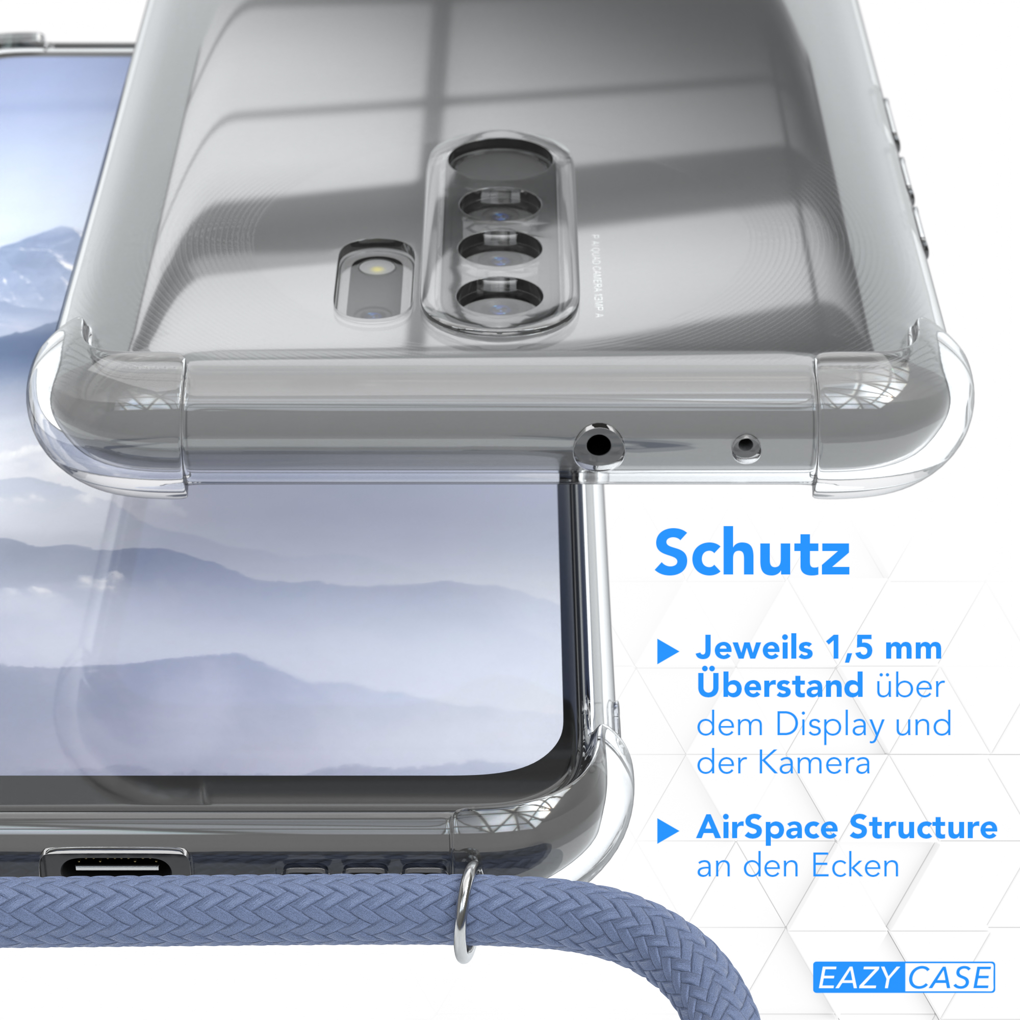 Handyhülle über einem Telefon. Text: Schutz. Blaues Kabel, mit grünem Feldhintergrund.
