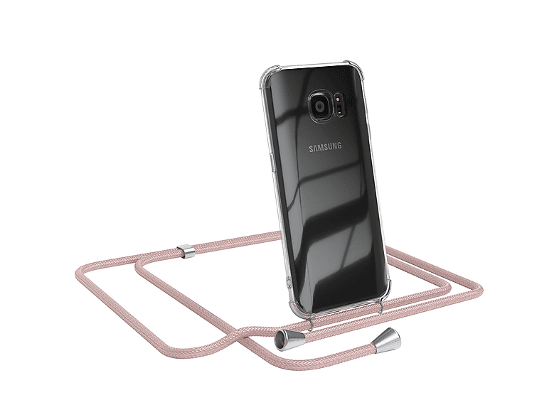 EAZY CASE Clear Cover mit Umhängeband, Umhängetasche, Samsung, Galaxy S7, Rosé / Clips Silber