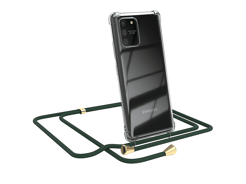 EAZY CASE Clear Cover mit Umhängeband, Umhängetasche, Samsung, Galaxy S10 Lite, Grün / Clips Gold