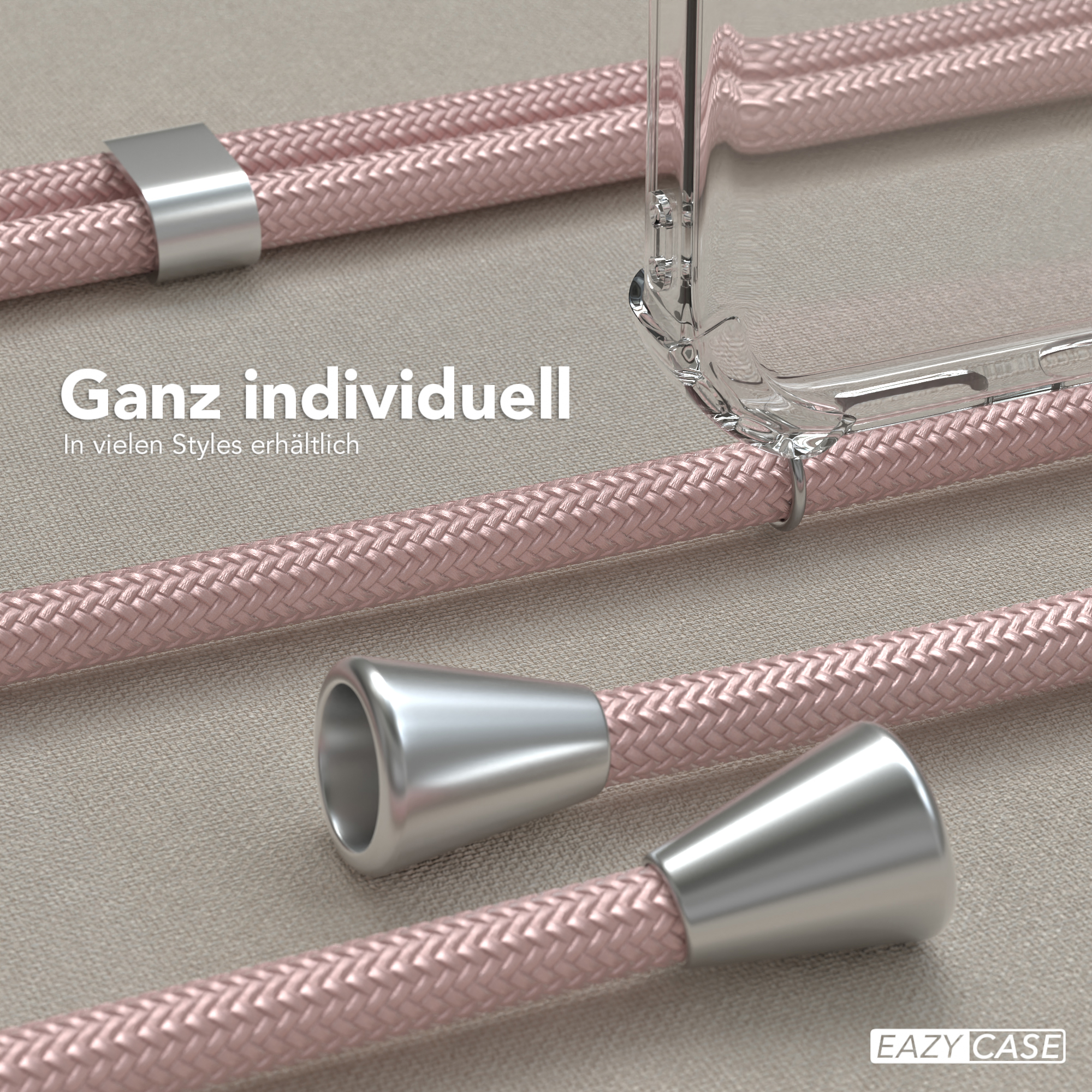 Nahaufnahme von rosa geflochtenen Kordeln mit silbernen Verbindern. Text: 'Ganz individuell' und 'In vielen Styles erhältlich'.