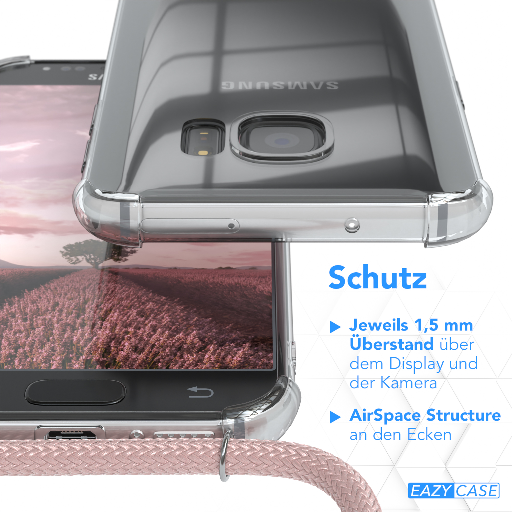 Transparente Handyhülle mit pinkfarbenem Lanyard. Nahaufnahme mit Text.
