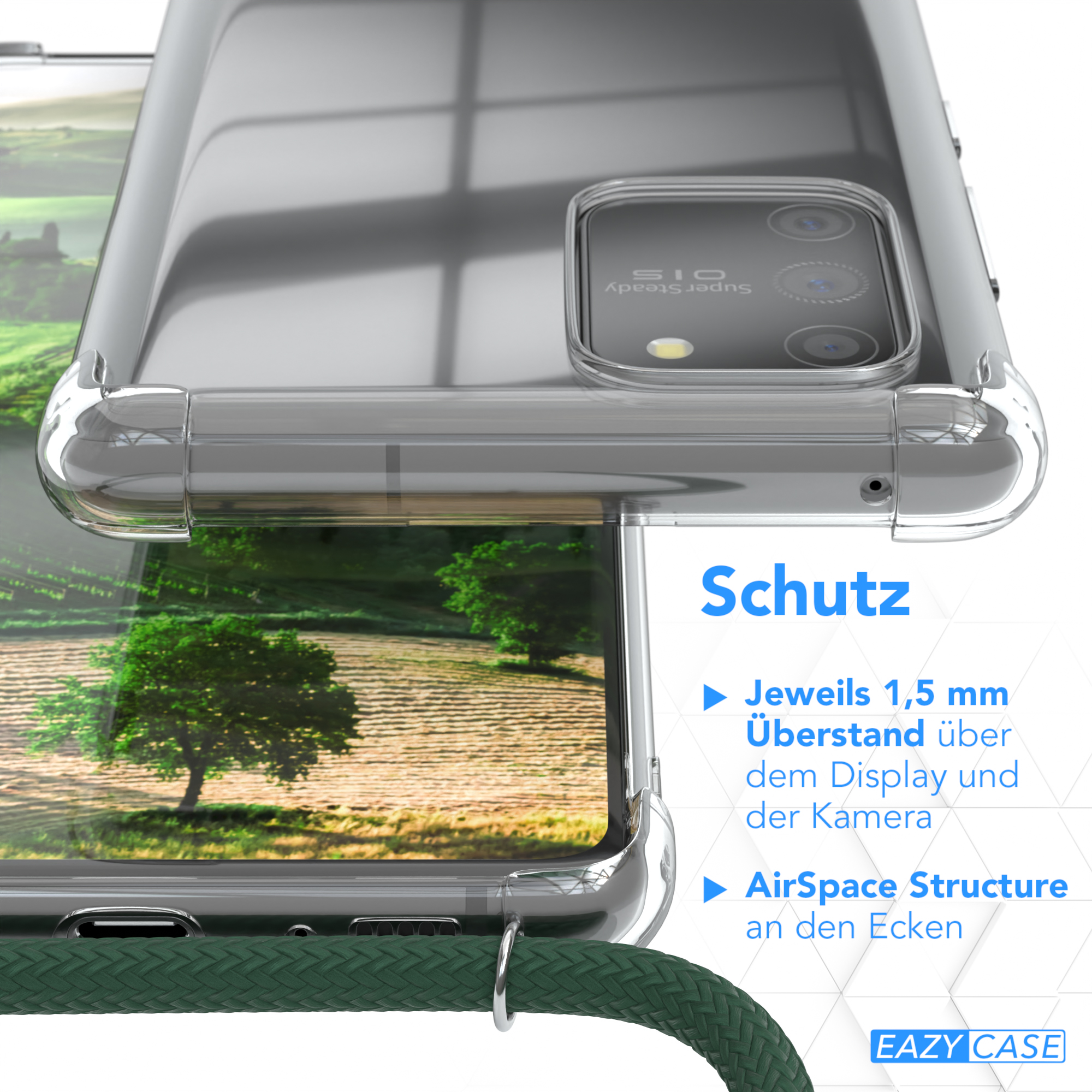 Nahaufnahme eines Telefons mit Hülle, Text über Bildschirm und Kamera.