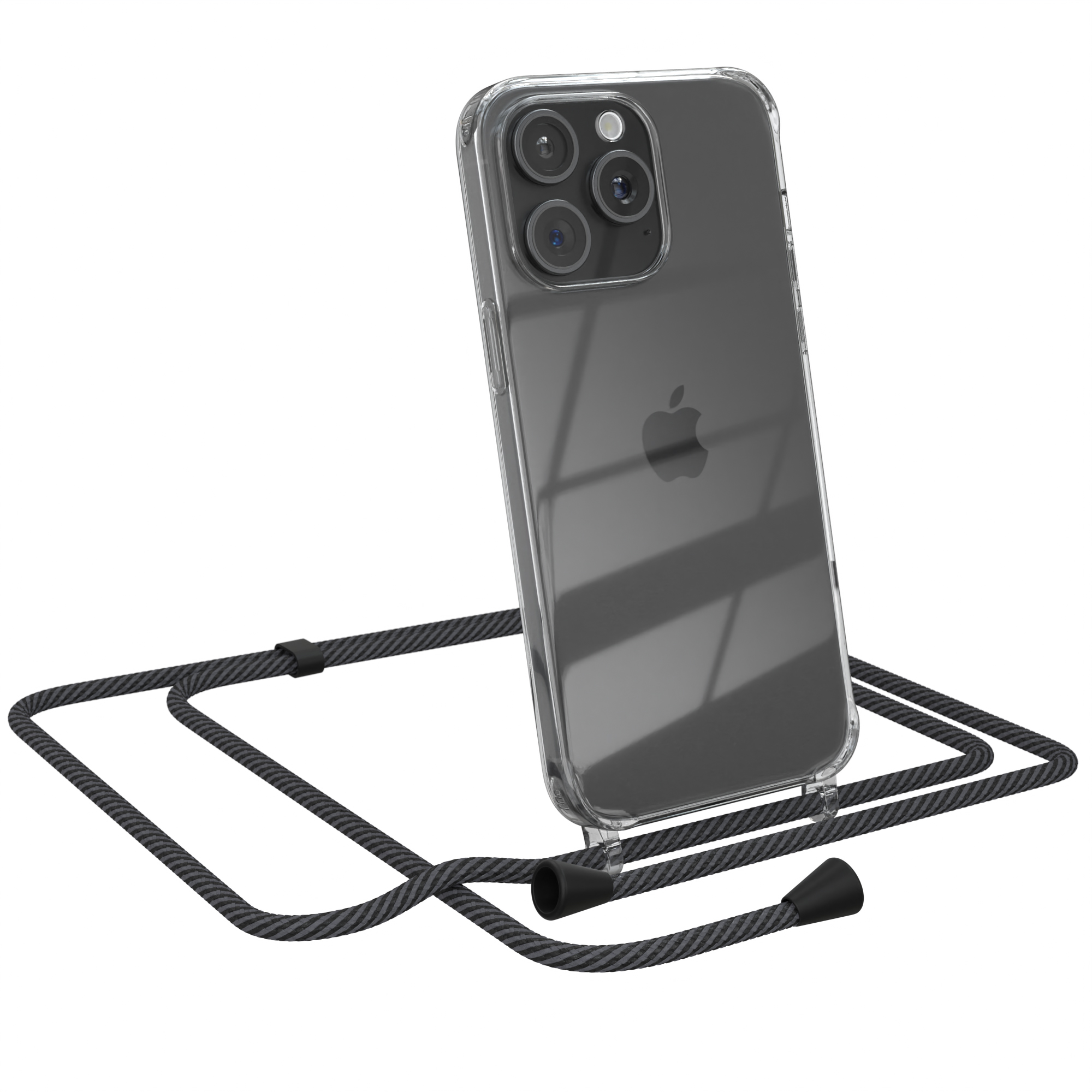 Transparente Handyhülle mit grau-schwarzem Umhängeband. Telefon angewinkelt, Apple-Logo sichtbar. Weißer Hintergrund.