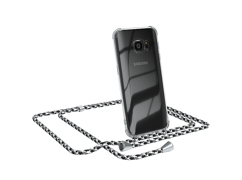 EAZY CASE Clear Cover mit Umhängeband, Umhängetasche, Samsung, Galaxy S7, Schwarz Camouflage / Clips Silber