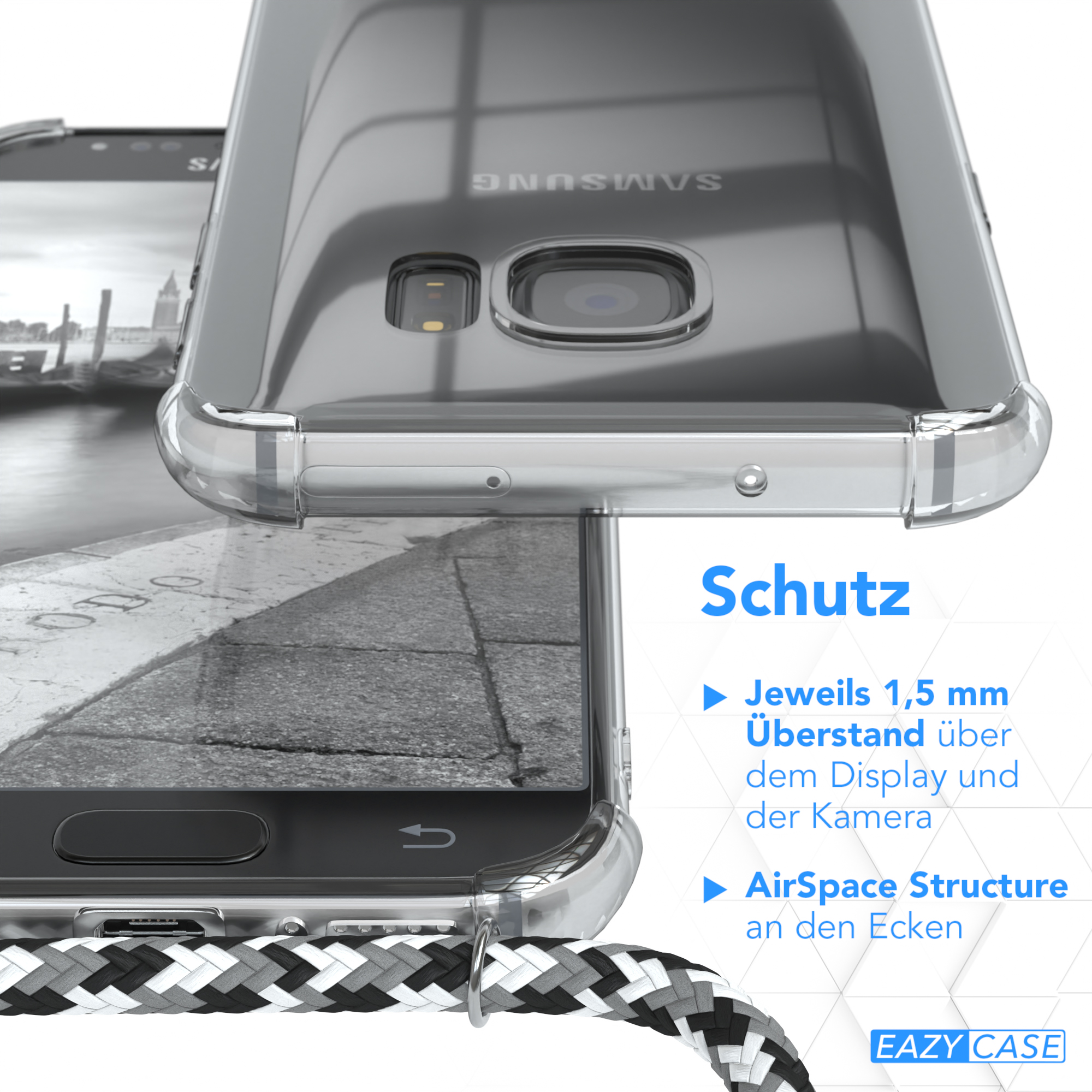 Galaxy Umhängetasche, EAZY Samsung, Clear S7, Cover Umhängeband, Schwarz CASE Camouflage mit Clips Silber /