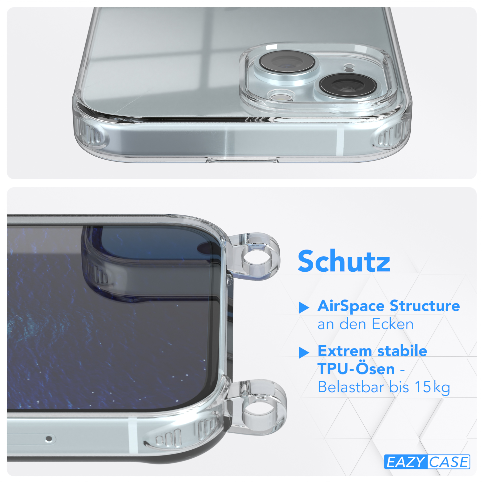 EAZY CASE Clear Cover Clips 15, iPhone Umhängeband, / Umhängetasche, Silber Apple, mit Blau