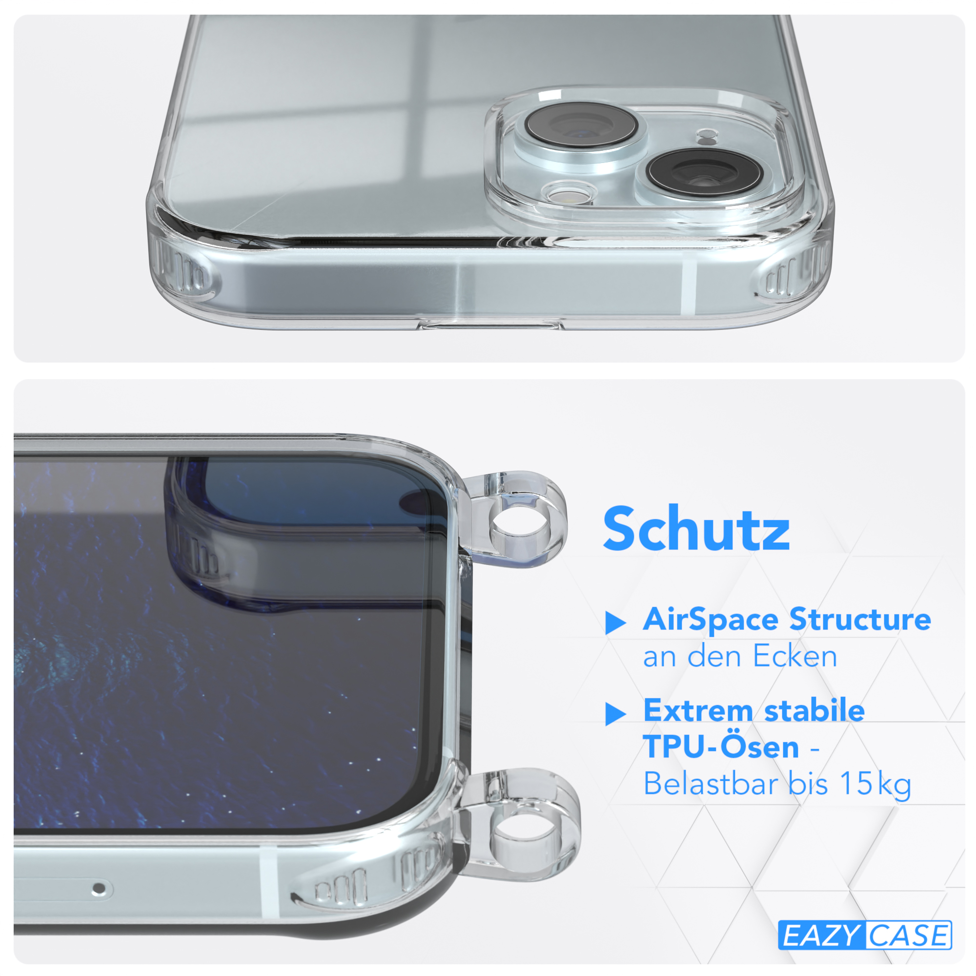 Telefongehäusedetail. Klare Hülle schützt das Telefon. Weißer Hintergrund.