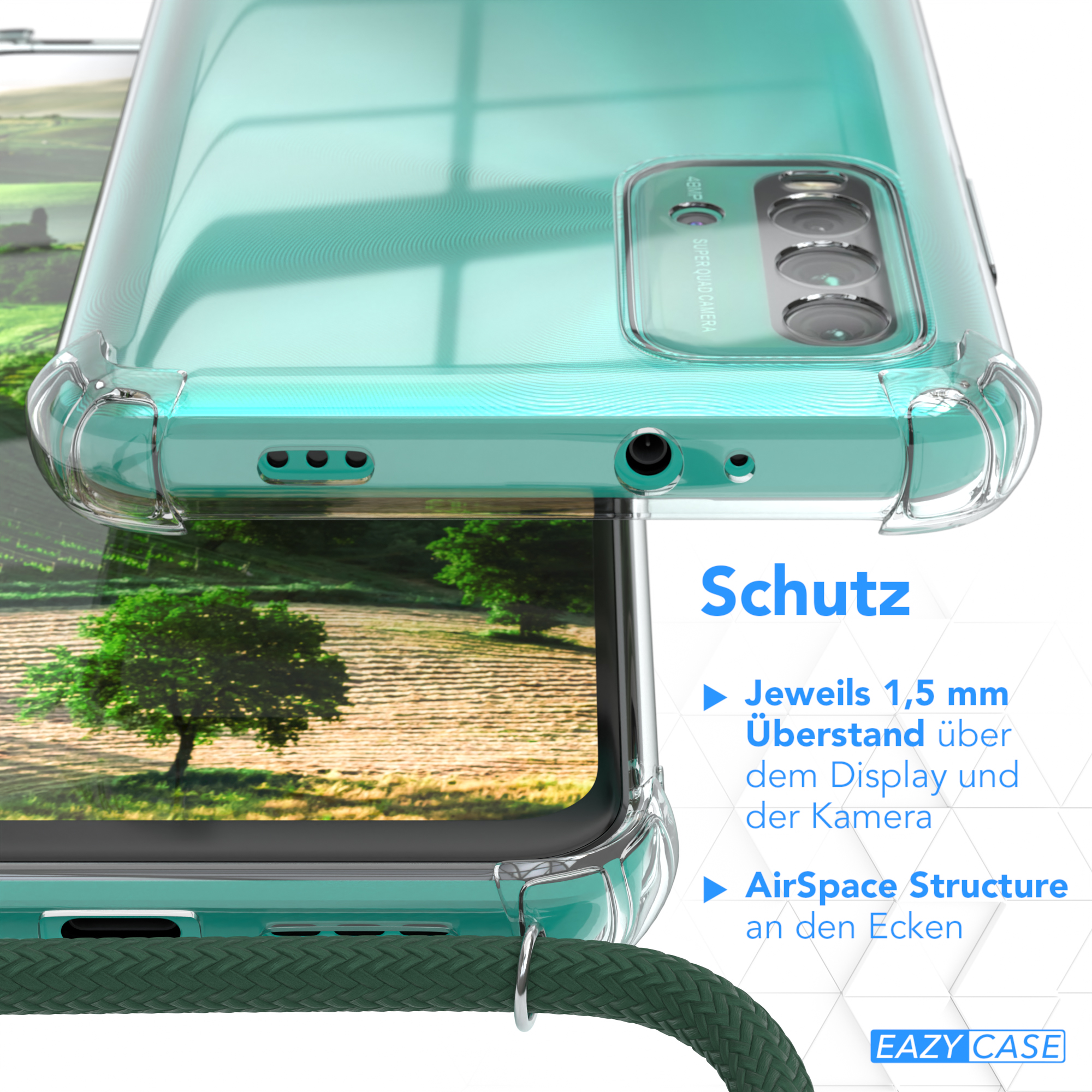 Klare Handyhülle über grünem Telefon. Die Hülle hat einen Kameraausschnitt.