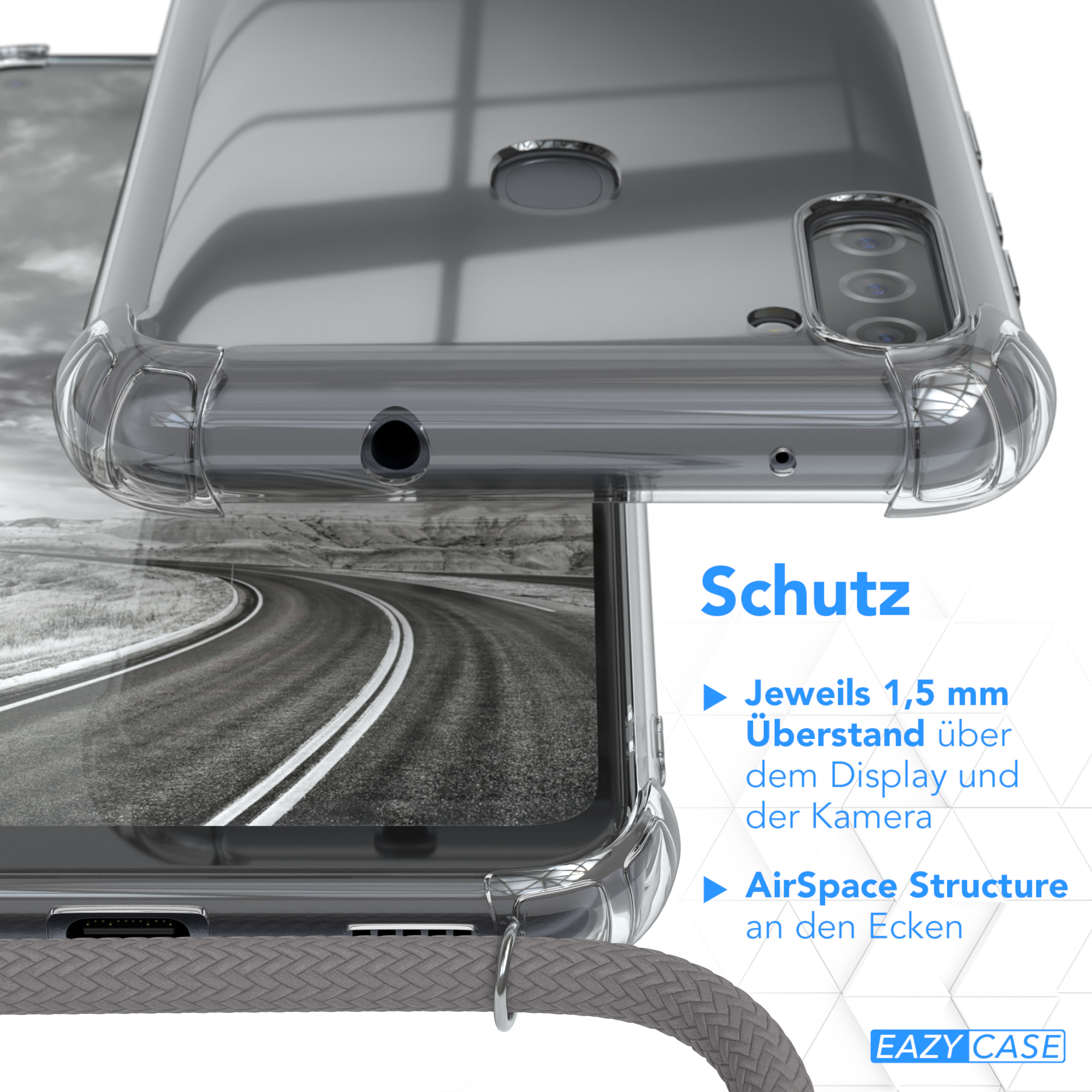 EAZY CASE Clear Cover mit Umhängeband, Galaxy Samsung, M11, / Silber Umhängetasche, Clips Grau