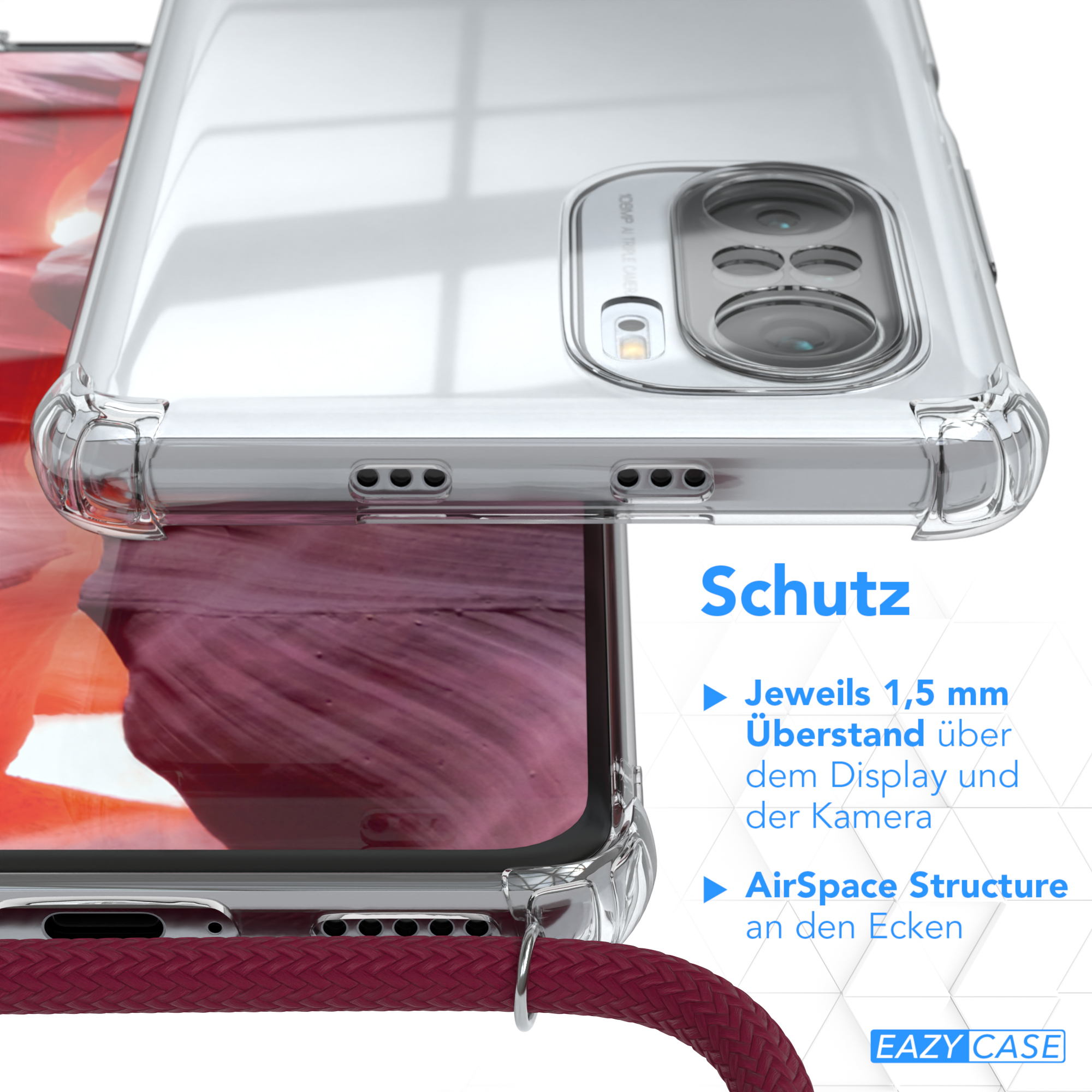 Transparente Handyhülle. Schutzdetails werden gezeigt. Rotes Band.