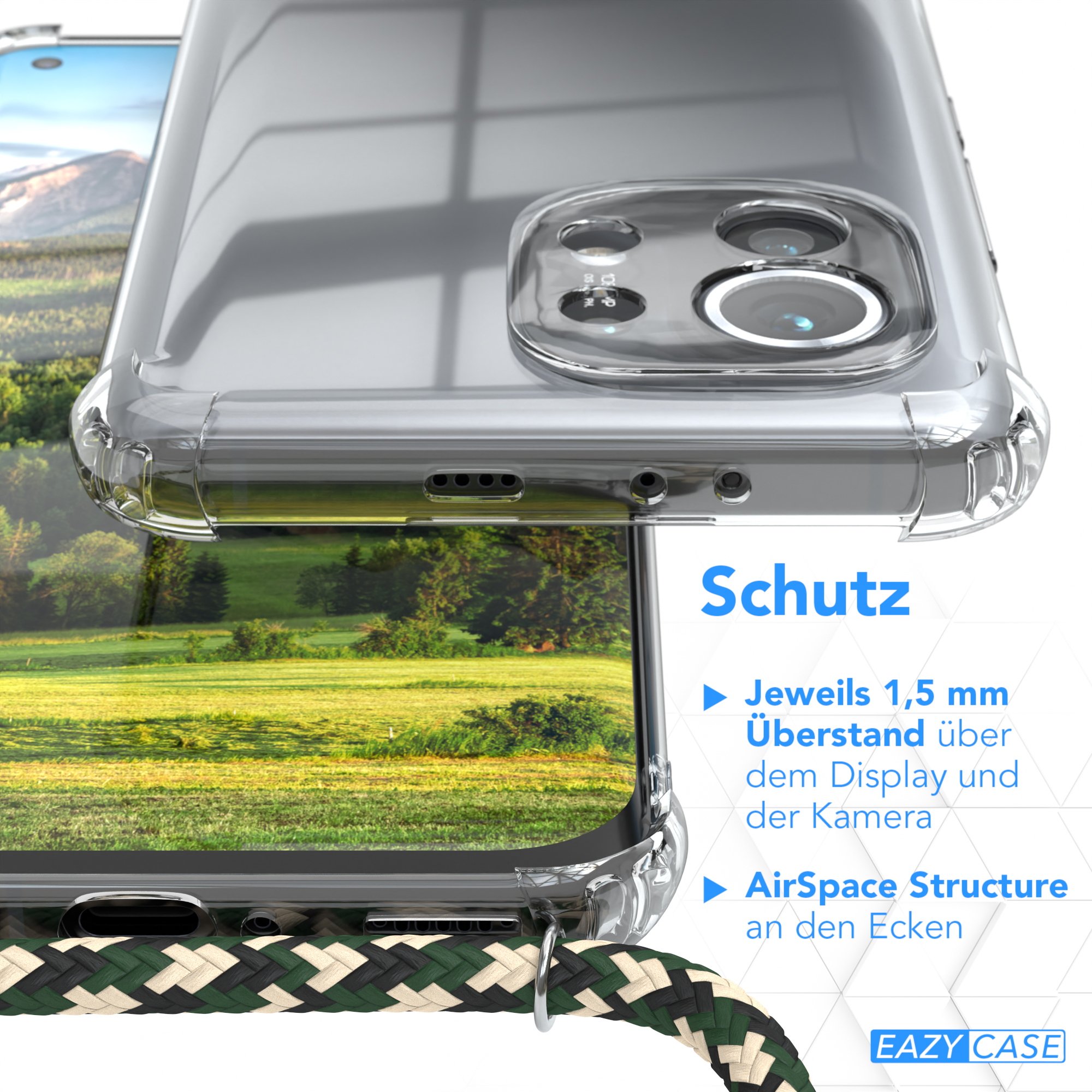 Nahaufnahme der Handyhülle mit Lanyard. Text: Schutz, 1,5 mm über dem Display, AirSpace-Struktur an den Ecken.