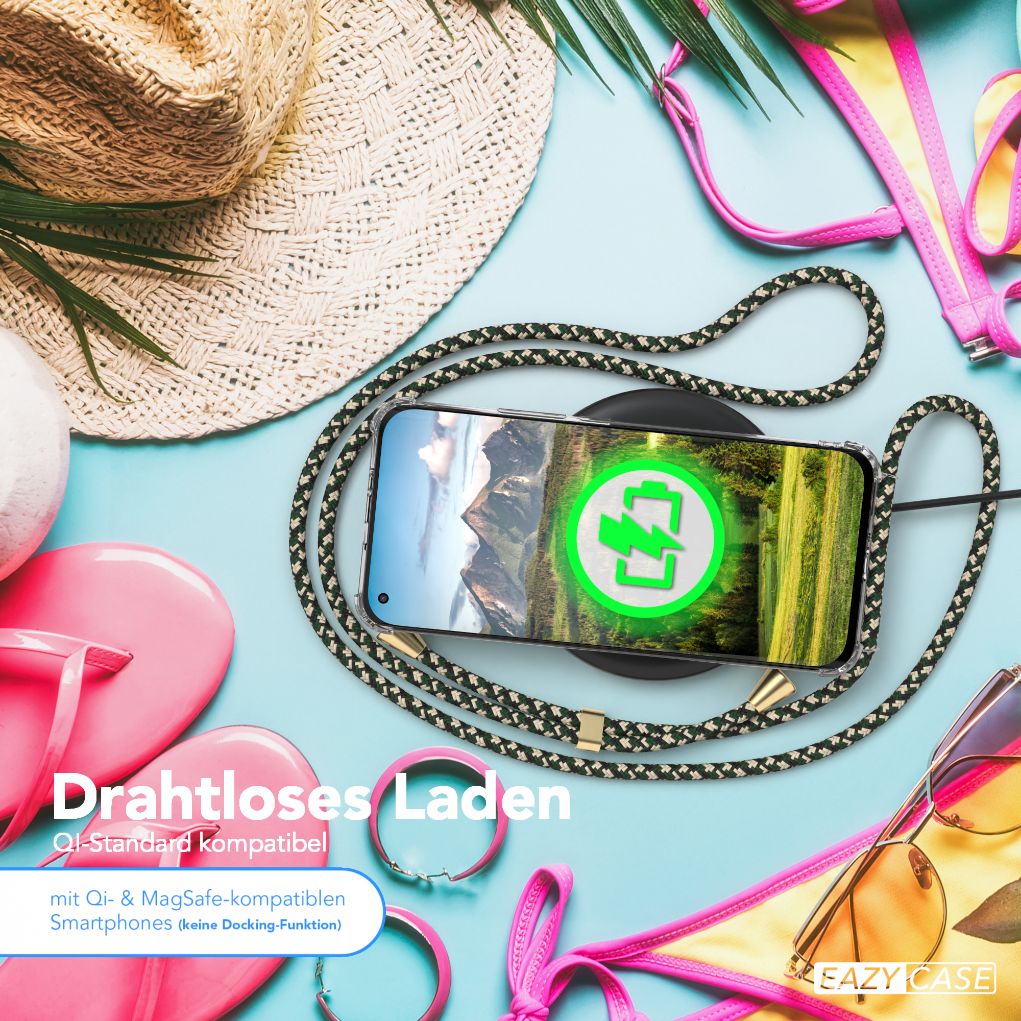 Telefon auf Ladepad, umgeben von Strandartikeln; Text sagt 'Kabelloses Laden'.