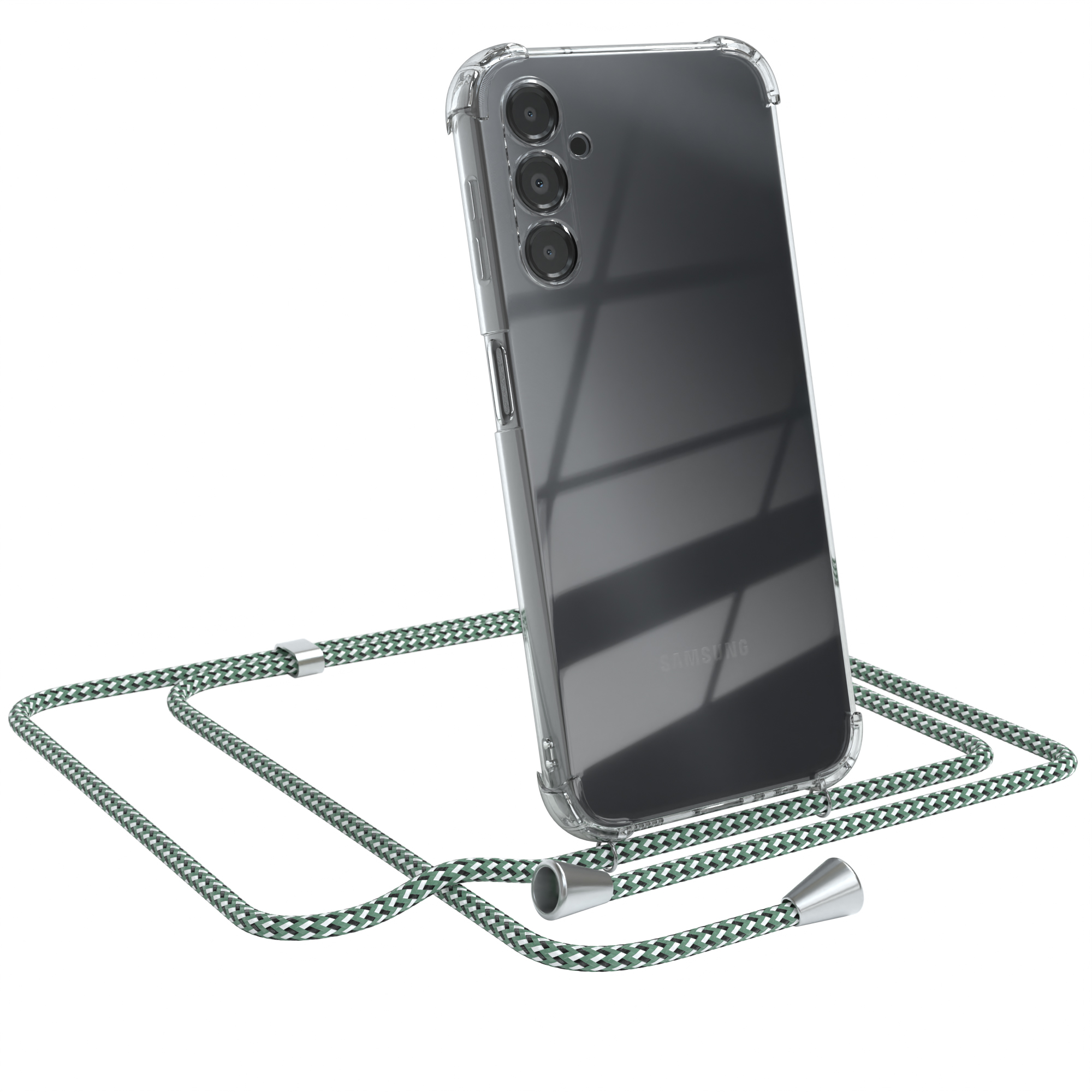 Telefon in klarer Hülle mit grün-weißem Kabel.