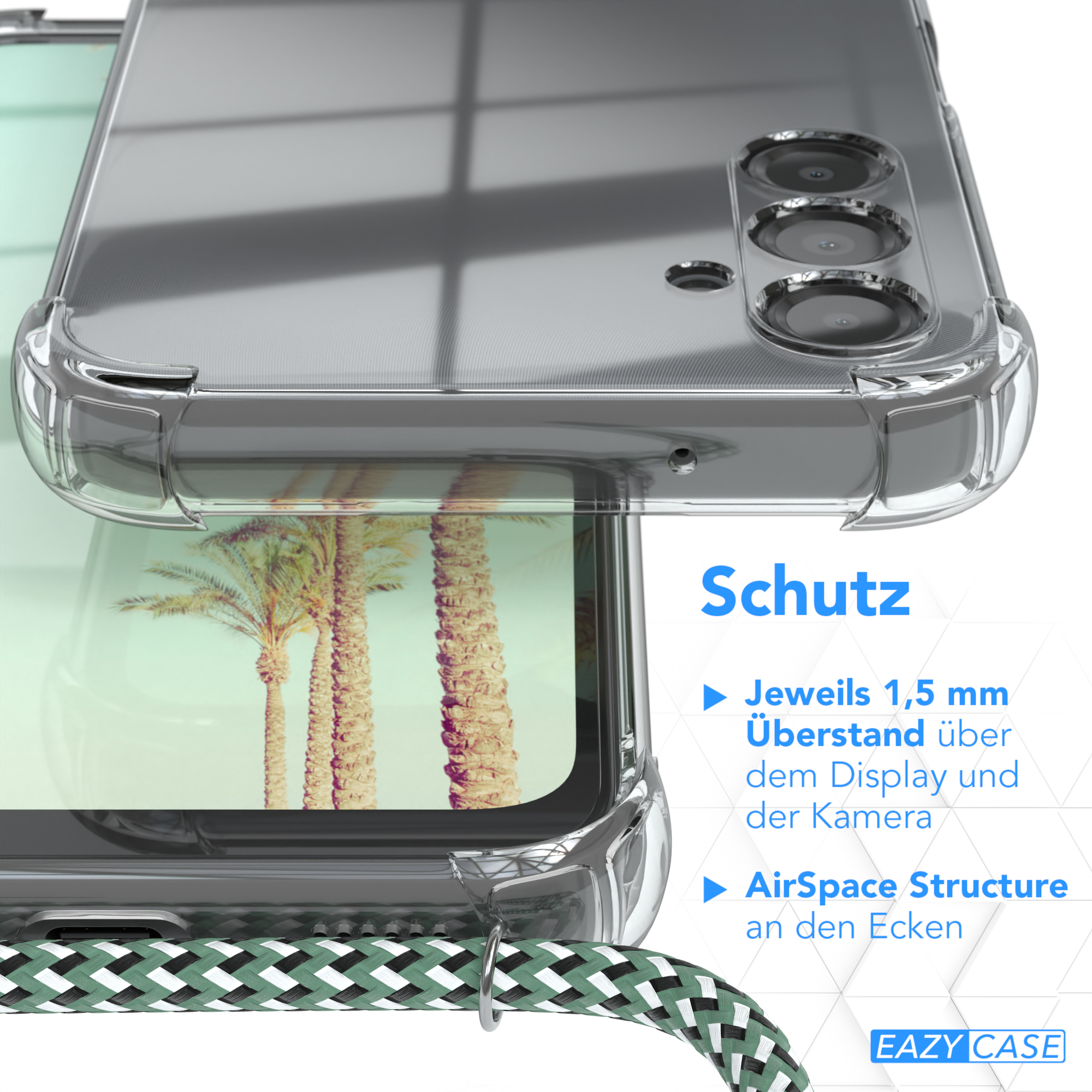 Transparente Handyhülle, grüne Kordel. Text: Schutz, AirSpace Structure. Telefon auf einem Bildschirm.