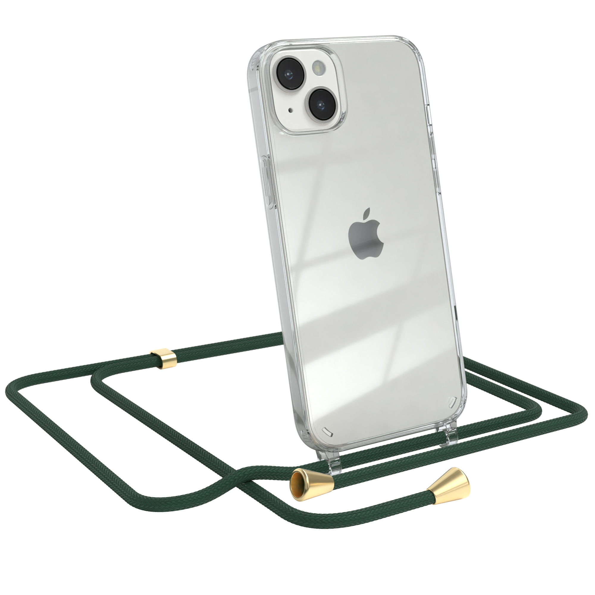 Transparente Handyhülle mit grünem Band. Apple-Logo. Weißer Hintergrund.