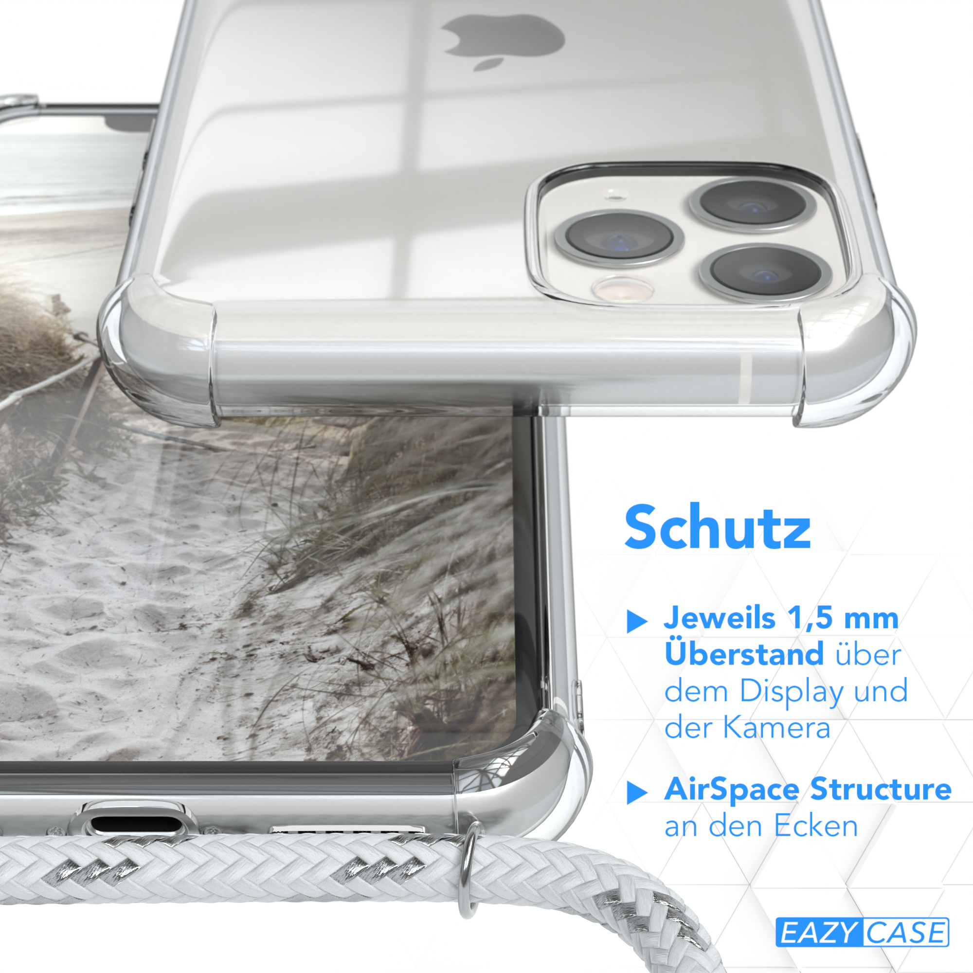 Transparente Handyhülle über einer Sandstrand-Szene mit weißer Kordel.