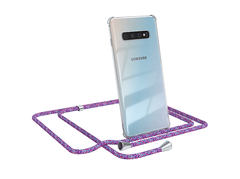 EAZY CASE Clear Cover mit Umhängeband, Umhängetasche, Samsung, Galaxy S10 Plus, Lila / Clips Silber