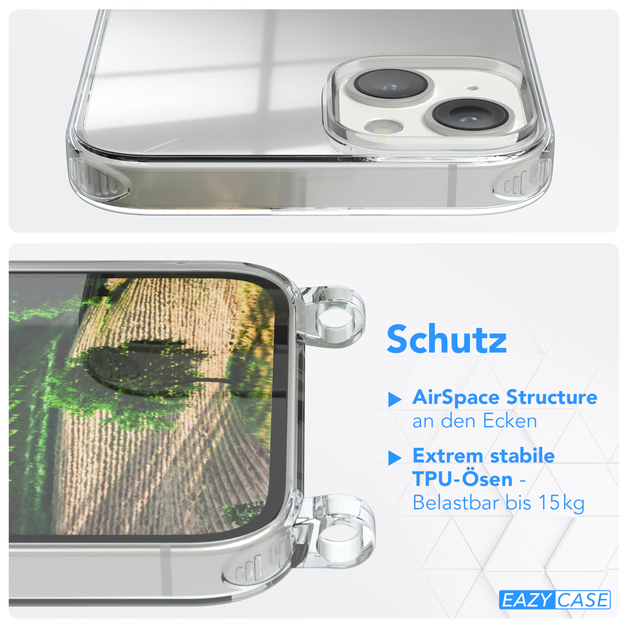 Nahaufnahme einer transparenten Handyhülle mit dem Text 'Schutz' und dem Text 'AirSpace Structure'.