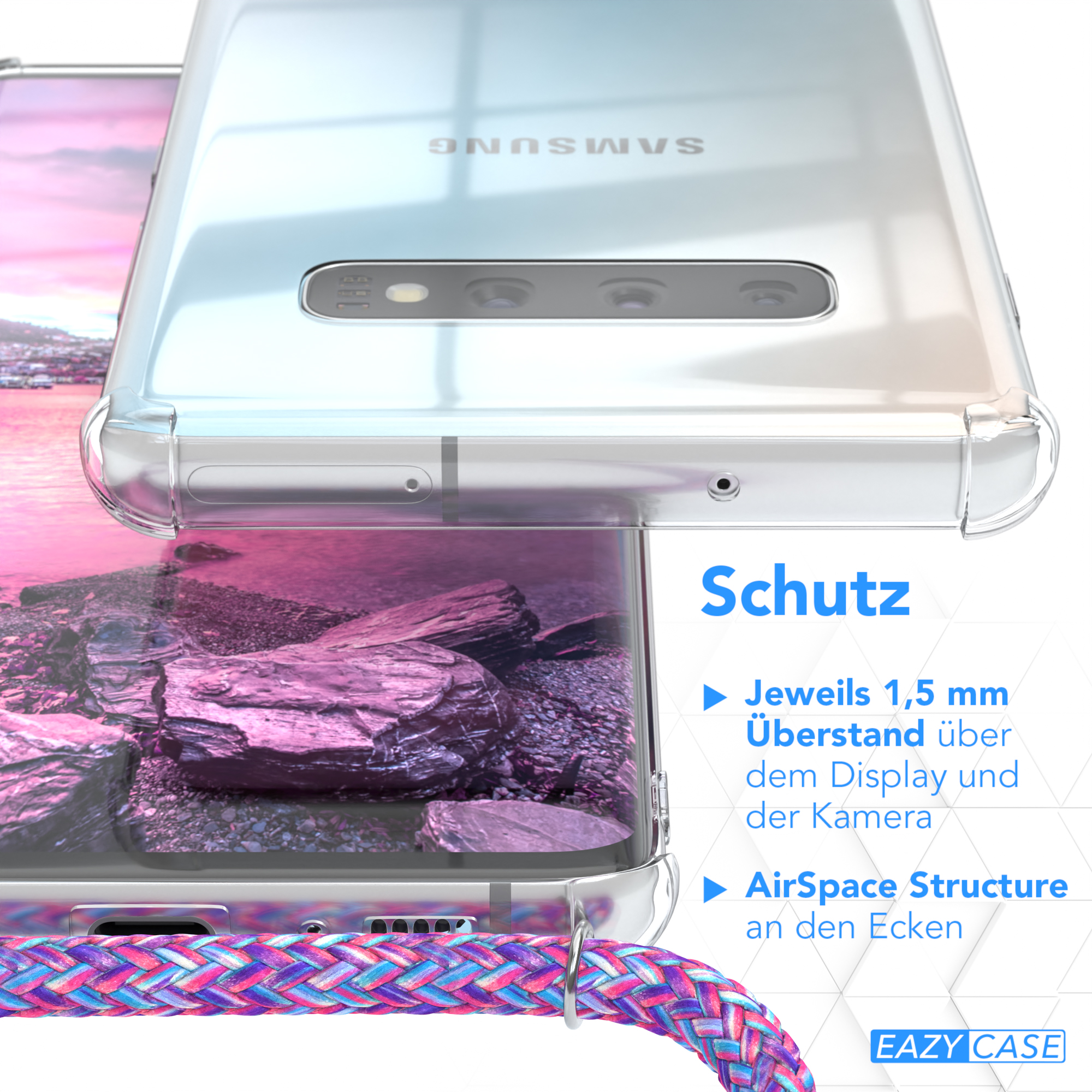 Transparente Handyhülle mit Band. Nahaufnahme, Details zeigen Kanten und Textur.