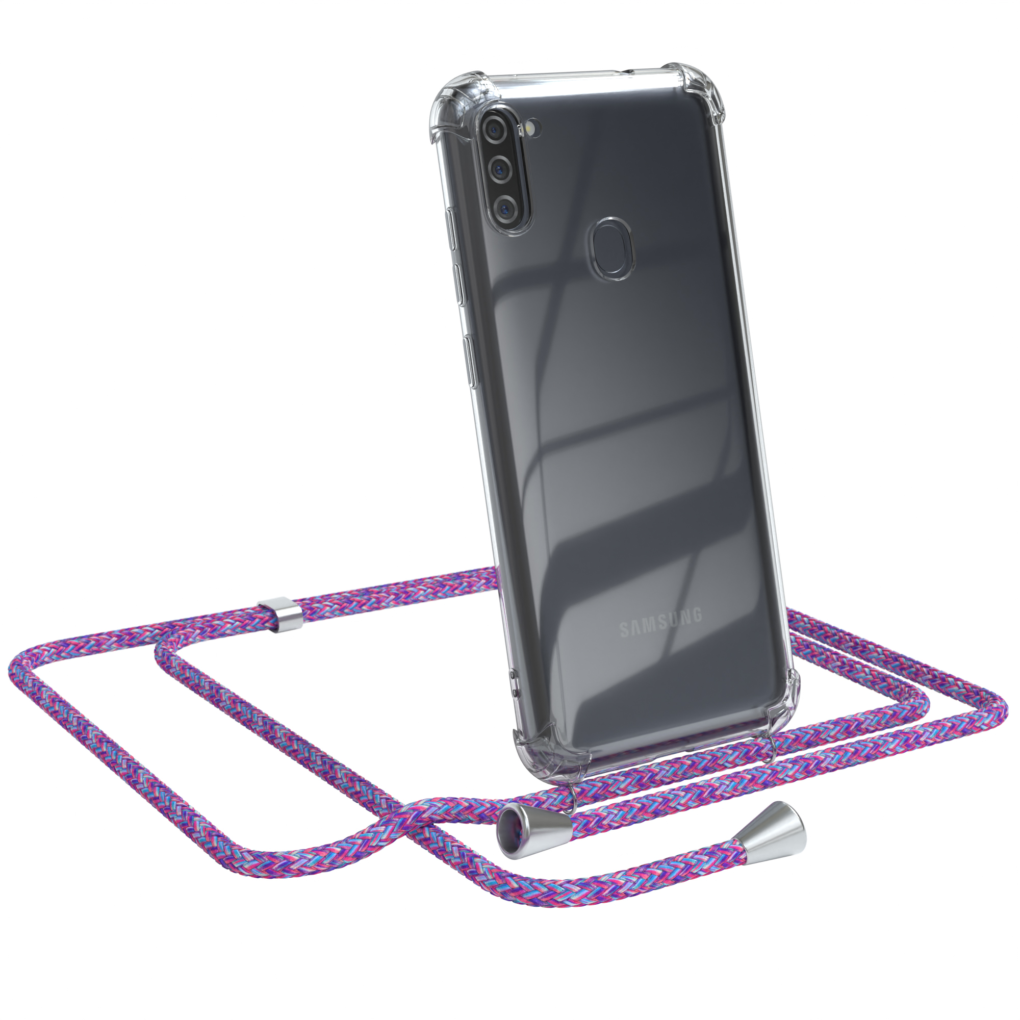 Telefon in klarer Hülle mit lila und blauem Lanyard. Weißer Hintergrund.