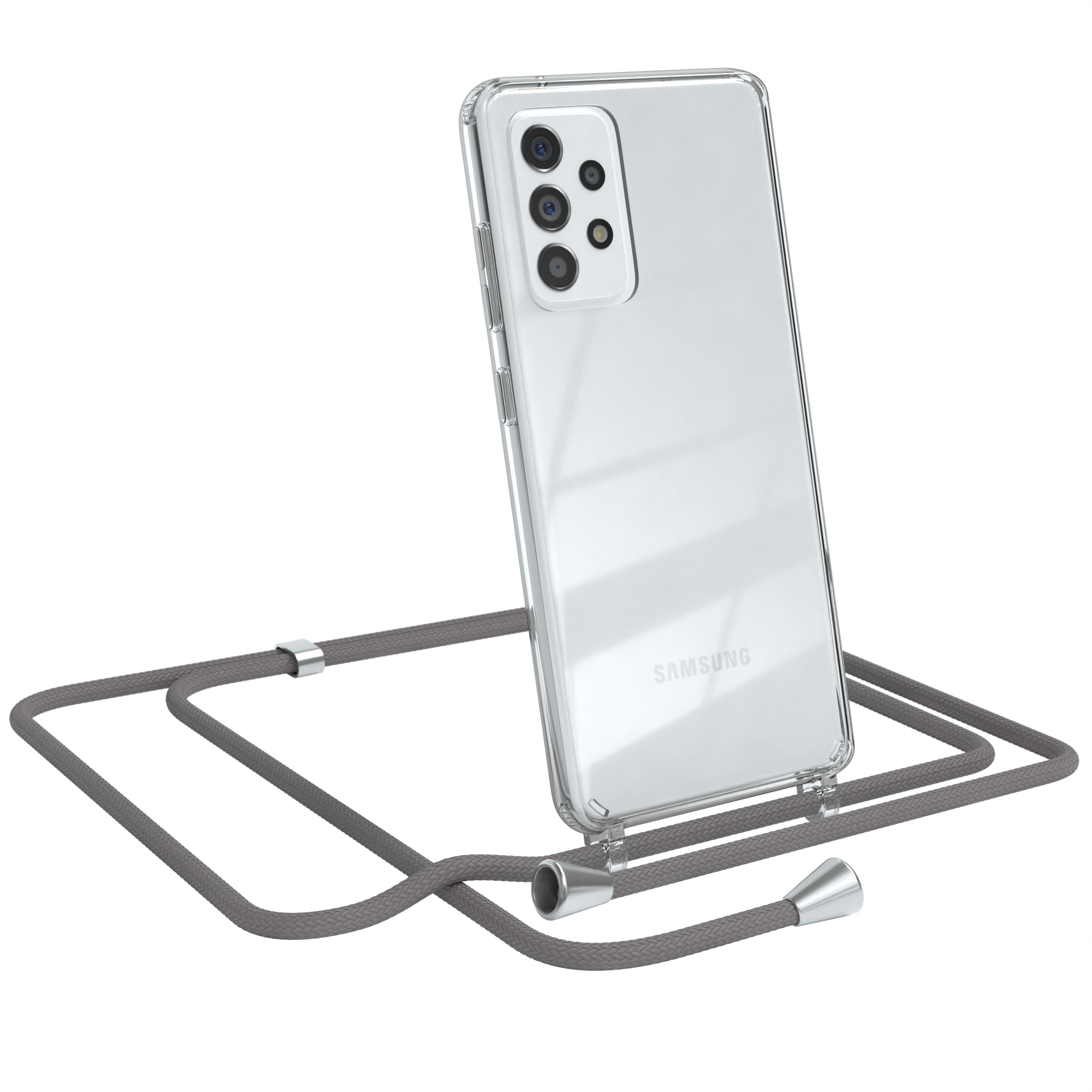 Klares Samsung-Telefon mit grauem Schlüsselband. Telefon geneigt. Weißer Hintergrund.