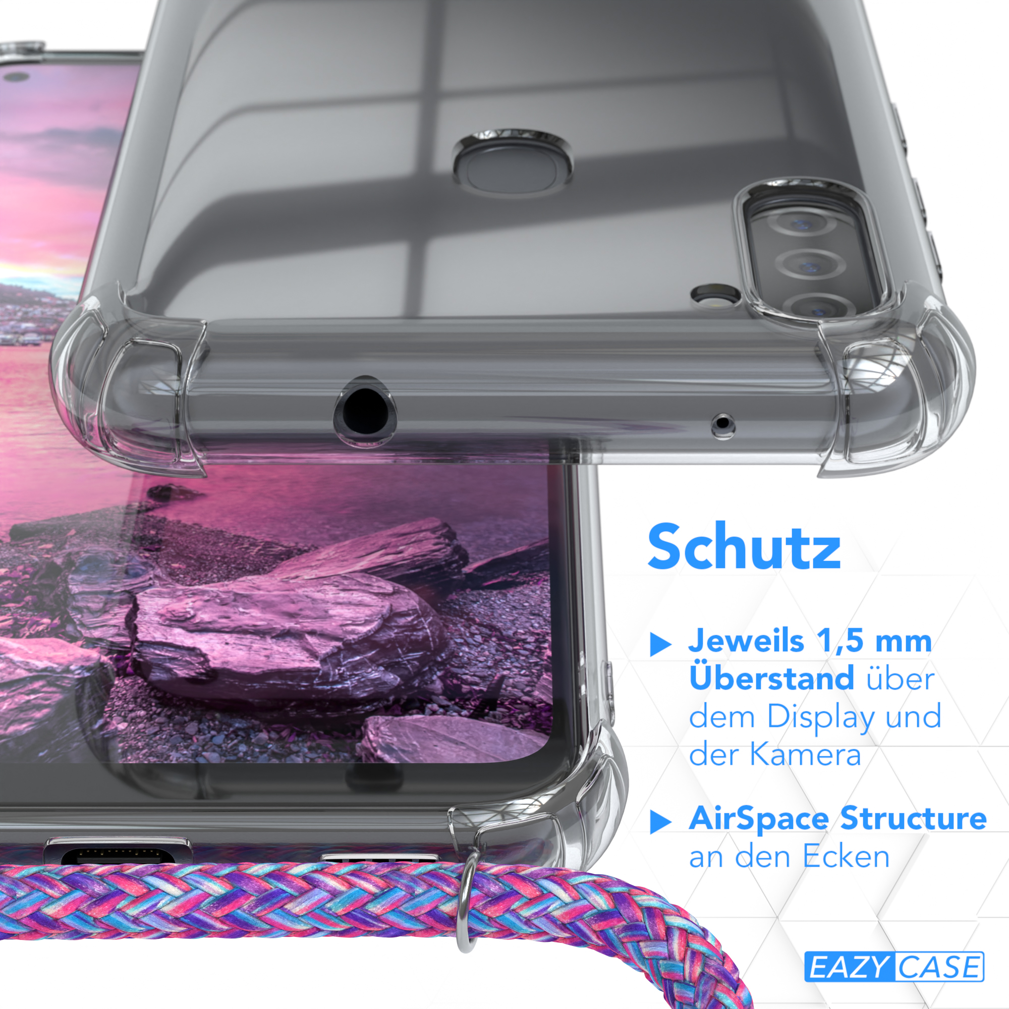 Nahaufnahme einer durchsichtigen Handyhülle über einem Telefon. Details zum Schutz mit deutschem Text.