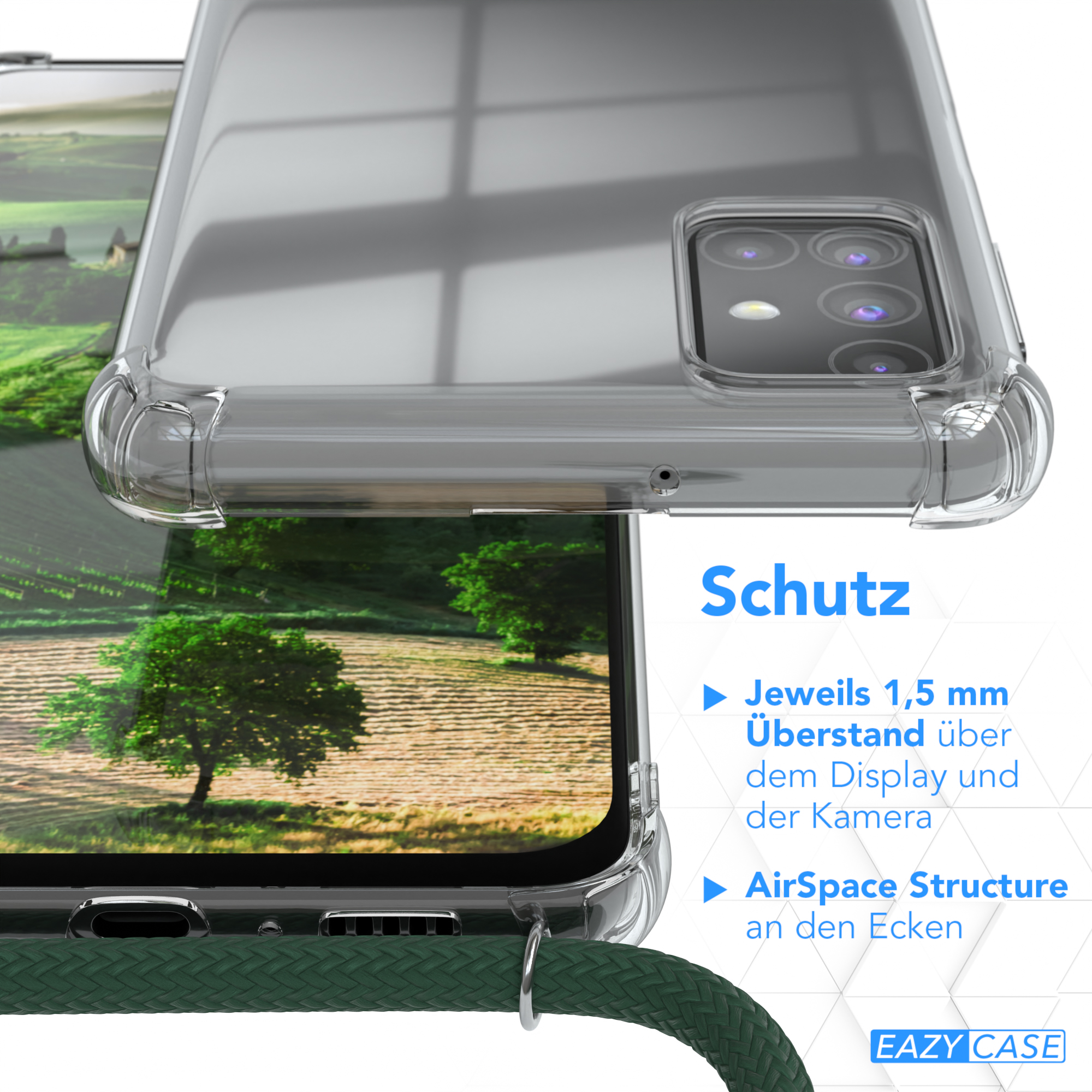 Klare Handyhülle, die ein Telefon schützt; Details zum Display- und Kameraschutz.