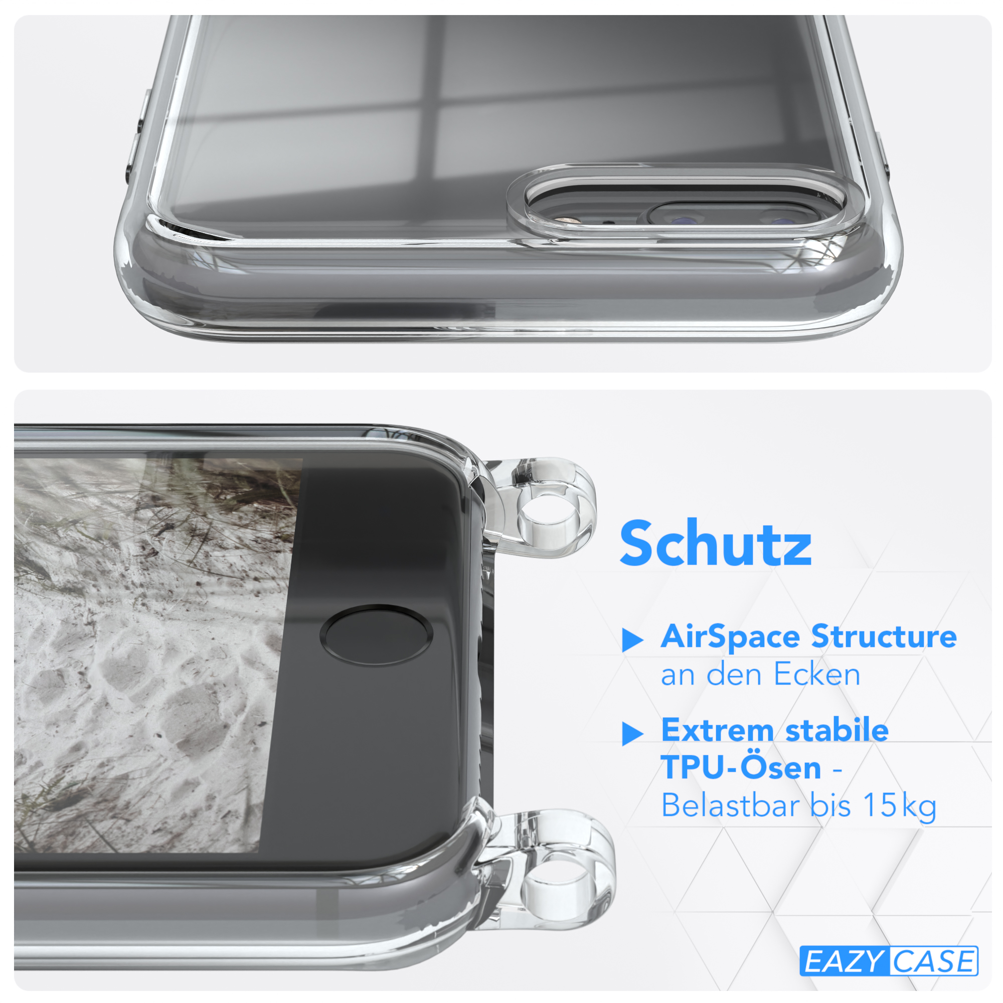 Klare Handyhülle mit Schutzfunktionen, über einem Telefon mit Sand und Muscheln.